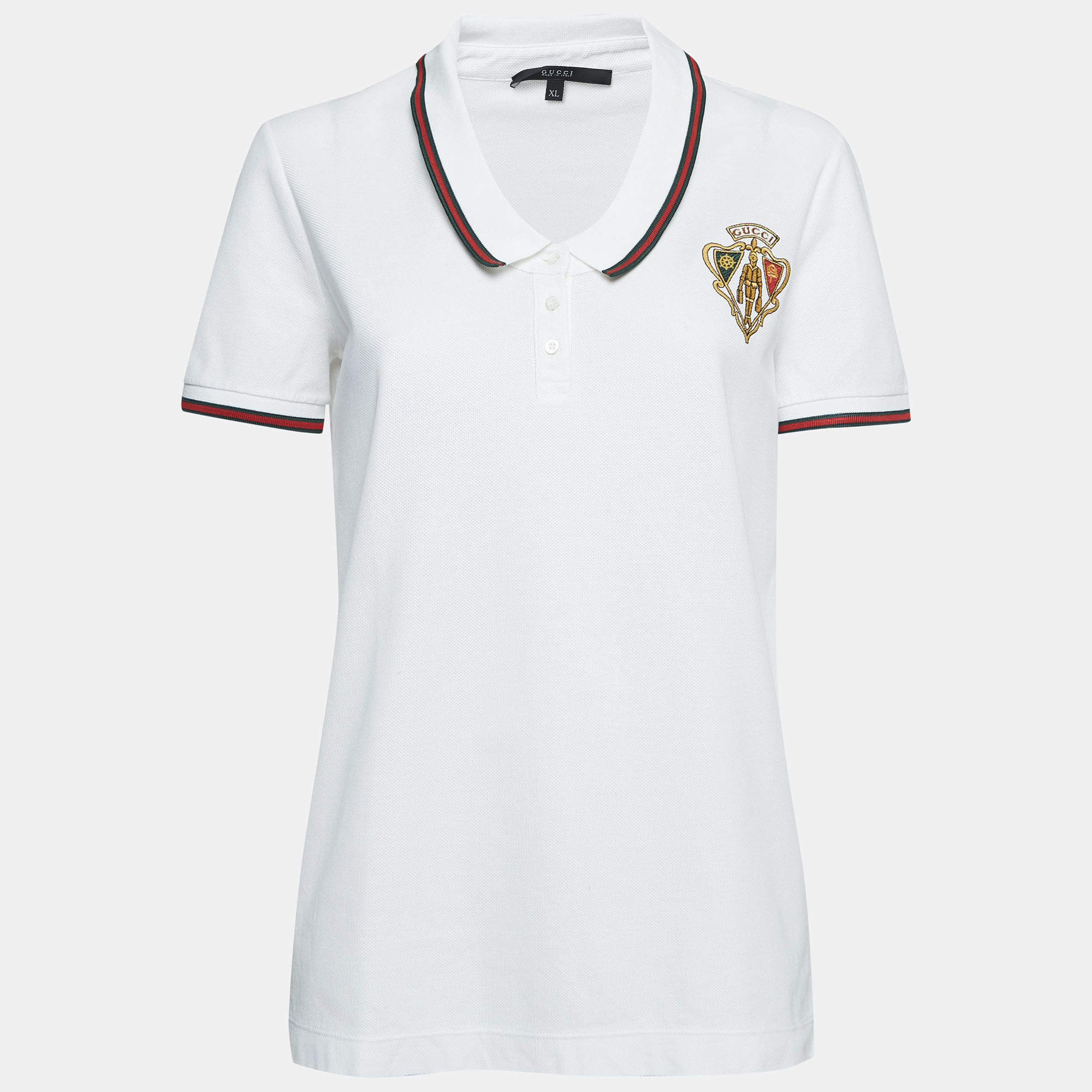 Pre Owned Gucci White Honeycomb Knit Crest Logo Polo T-Shirt XL