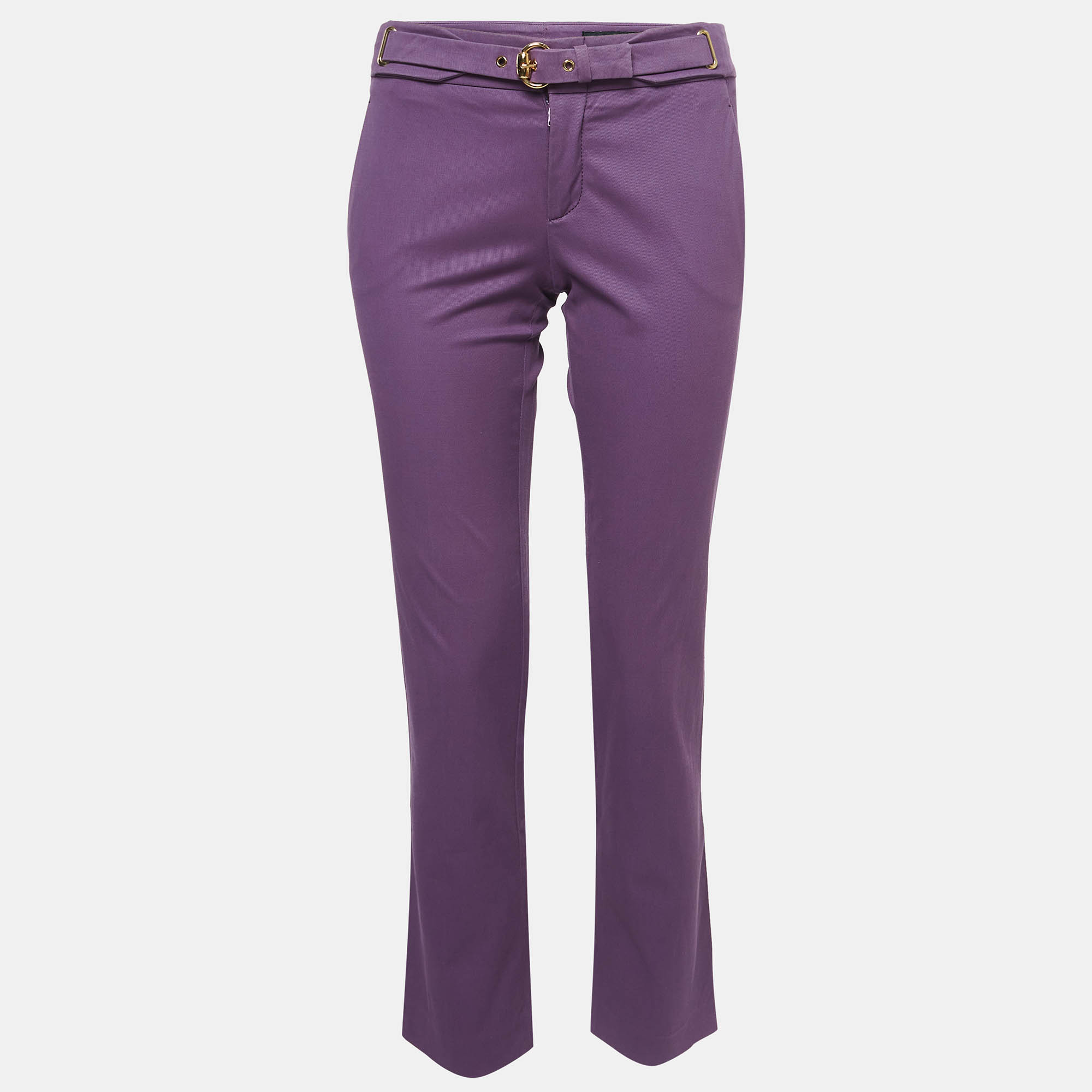Pre Owned Gucci Purple Cotton Belted Straight Leg Pants M