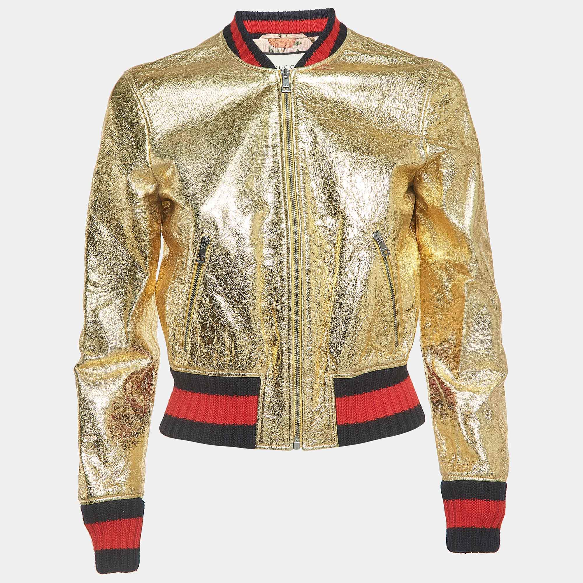Pre Owned Gucci Gold Crinkled Leather Bomber Jacket S