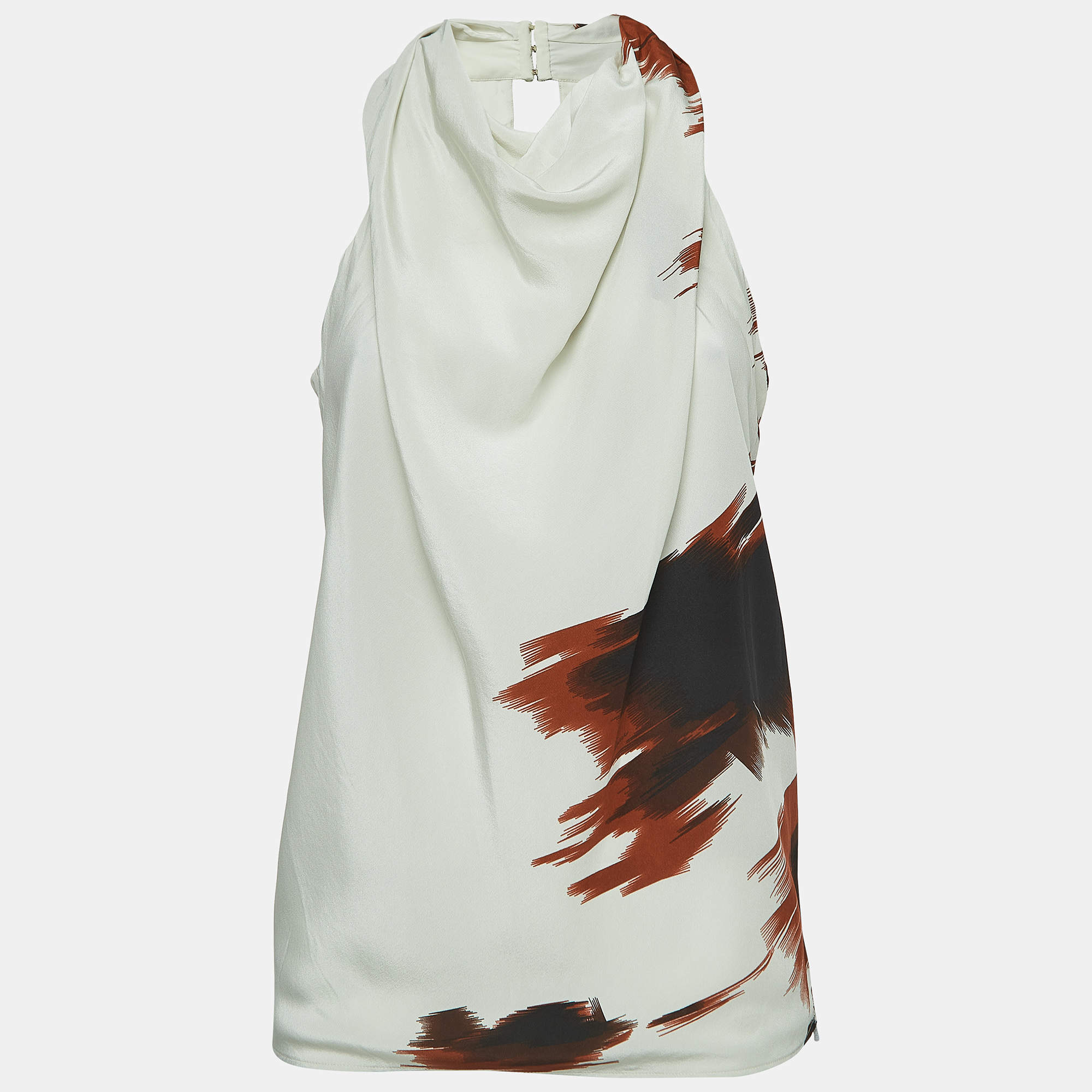 Pre Owned Gucci Off-White Printed Silk Cowl Neck Open Back Top S