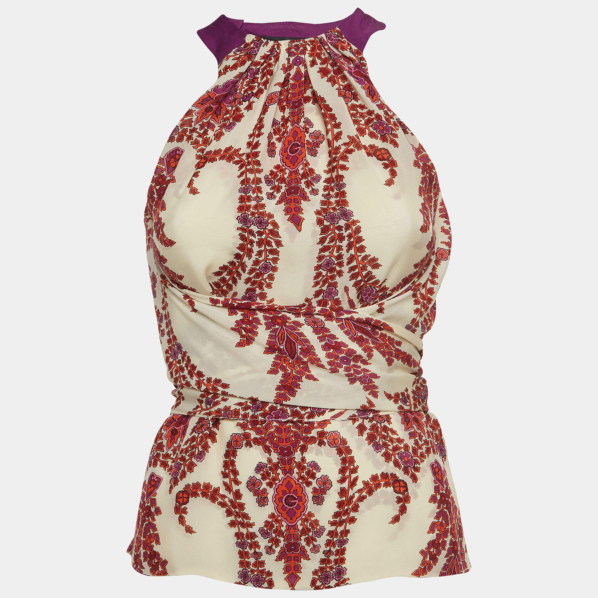 Gucci Cream Floral Print Silk Halter Neck Blouse S