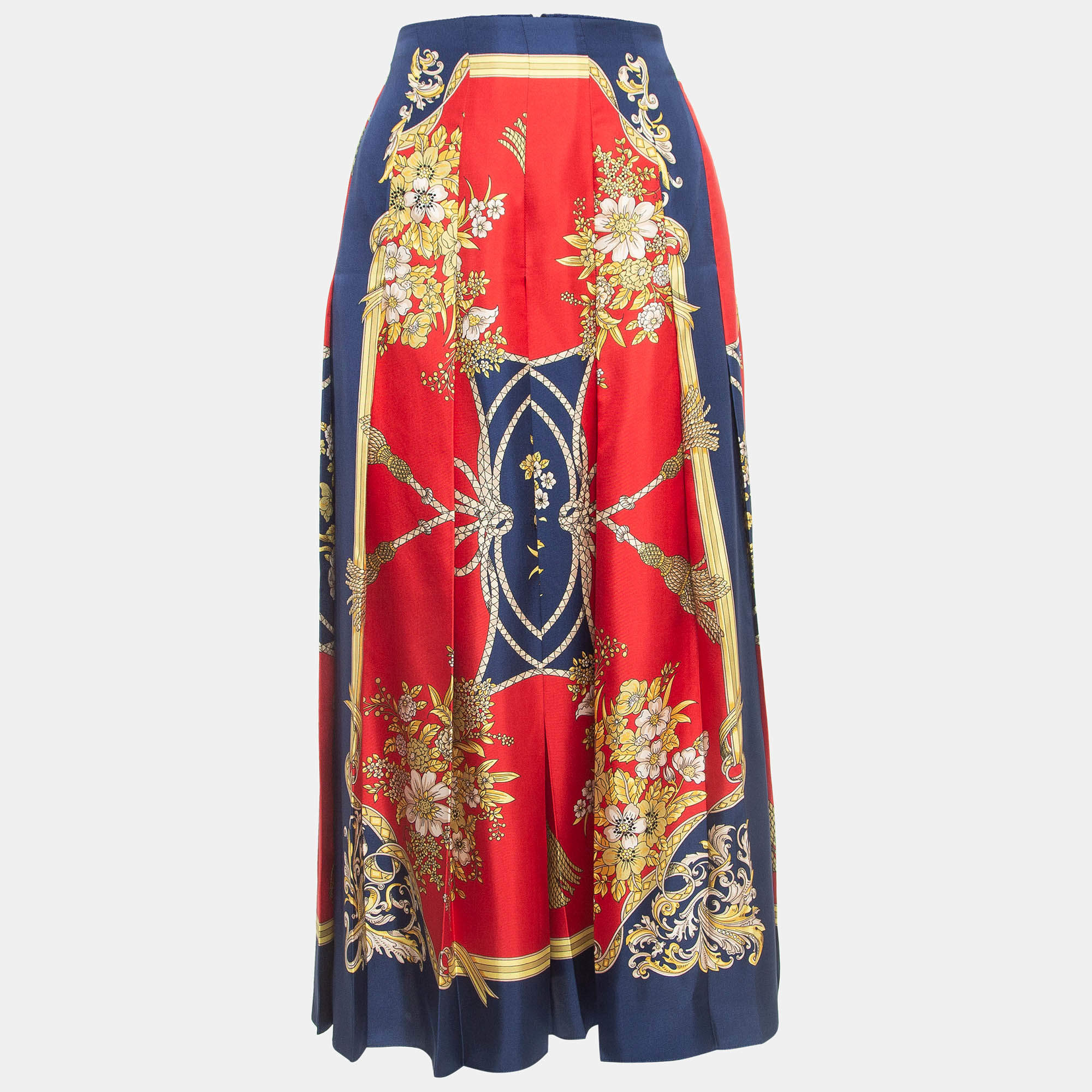 Pre Owned Gucci Multicolor Floral Print Silk Pleated Midi Skirt M