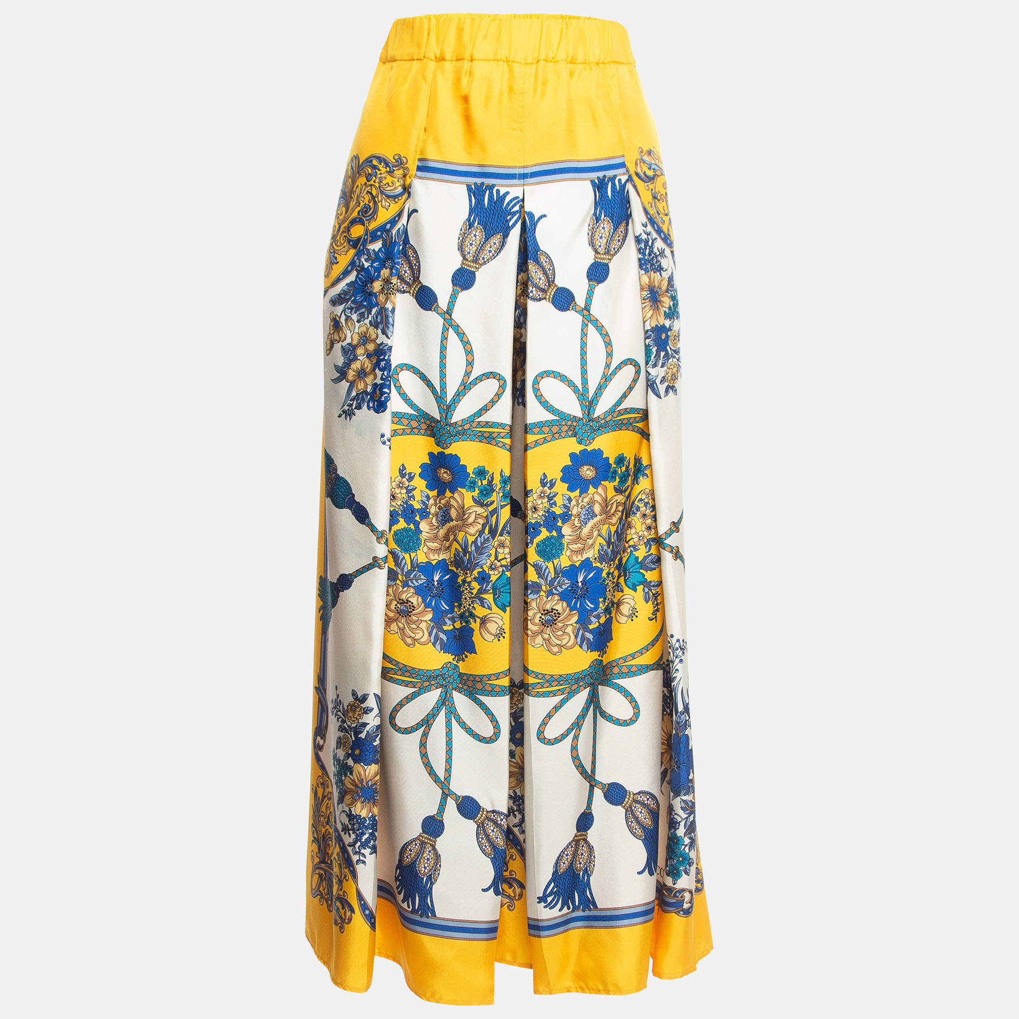 Pre Owned Gucci Yellow Printed Silk Pleated Palazzo Pants S