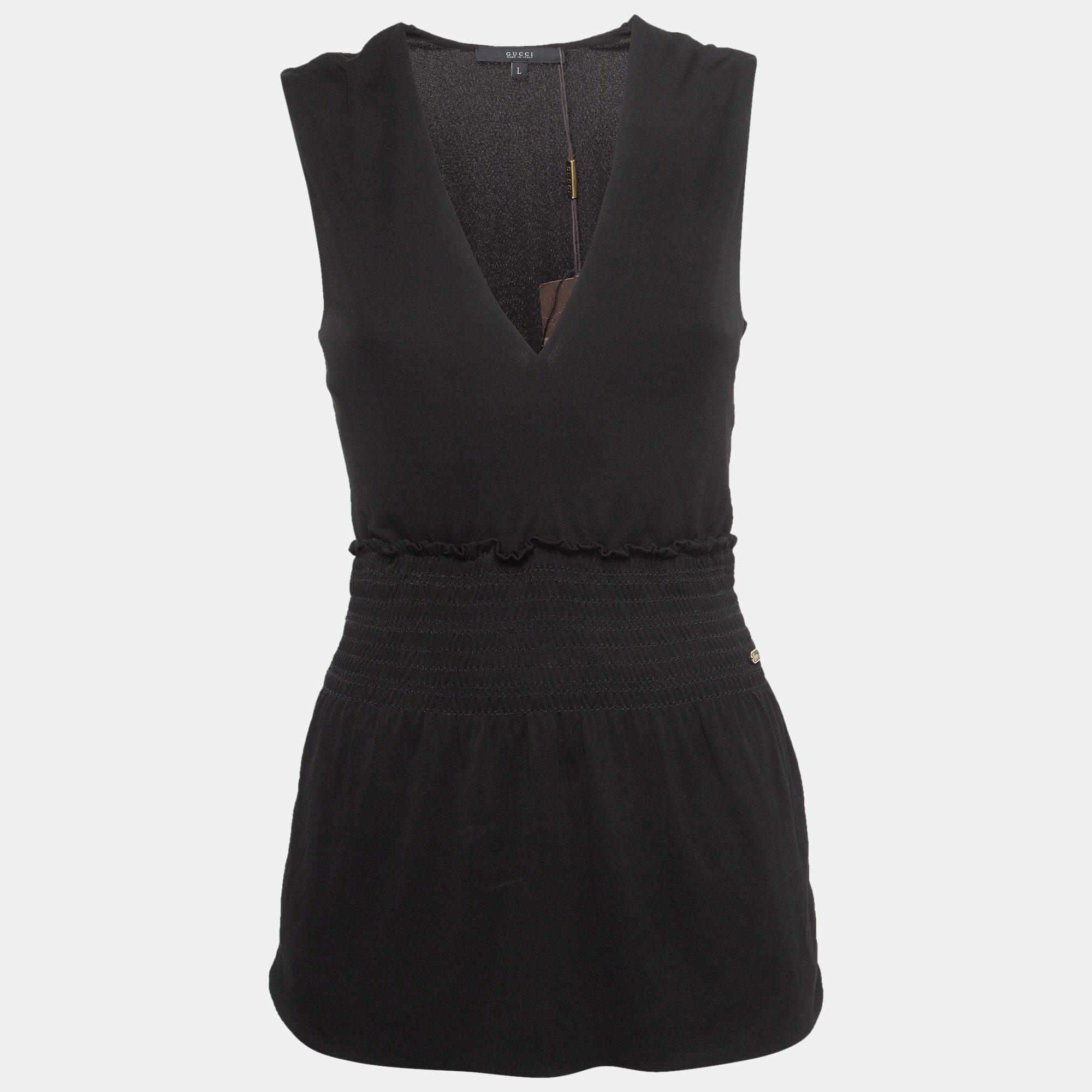 Pre Owned Gucci Black Jersey Smocked Sleeveless Top L