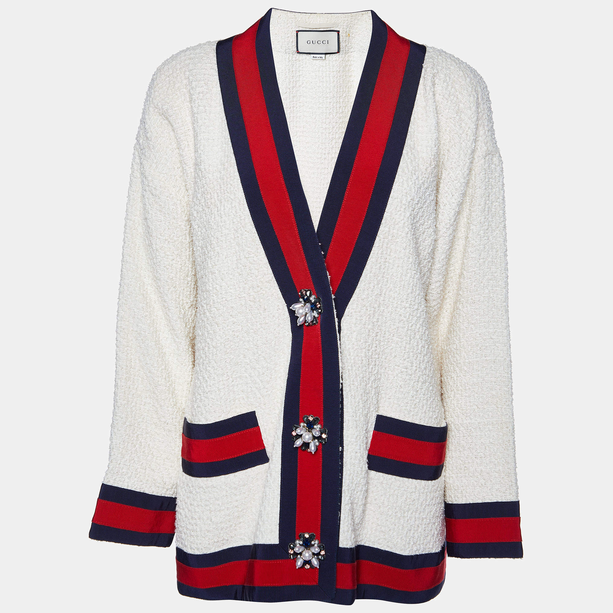 Pre Owned Gucci Off-White Tweed Web Trim Detail Oversized Cardigan S