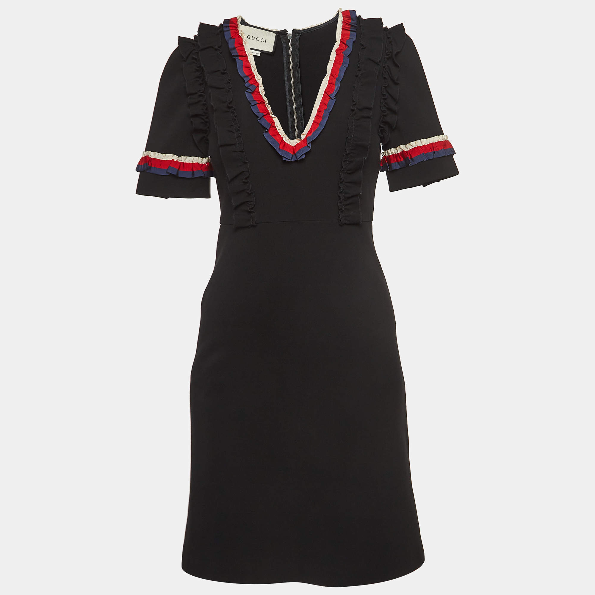 Pre Owned Gucci Black Jersey Web Trim Ruffled Sheath Dress S