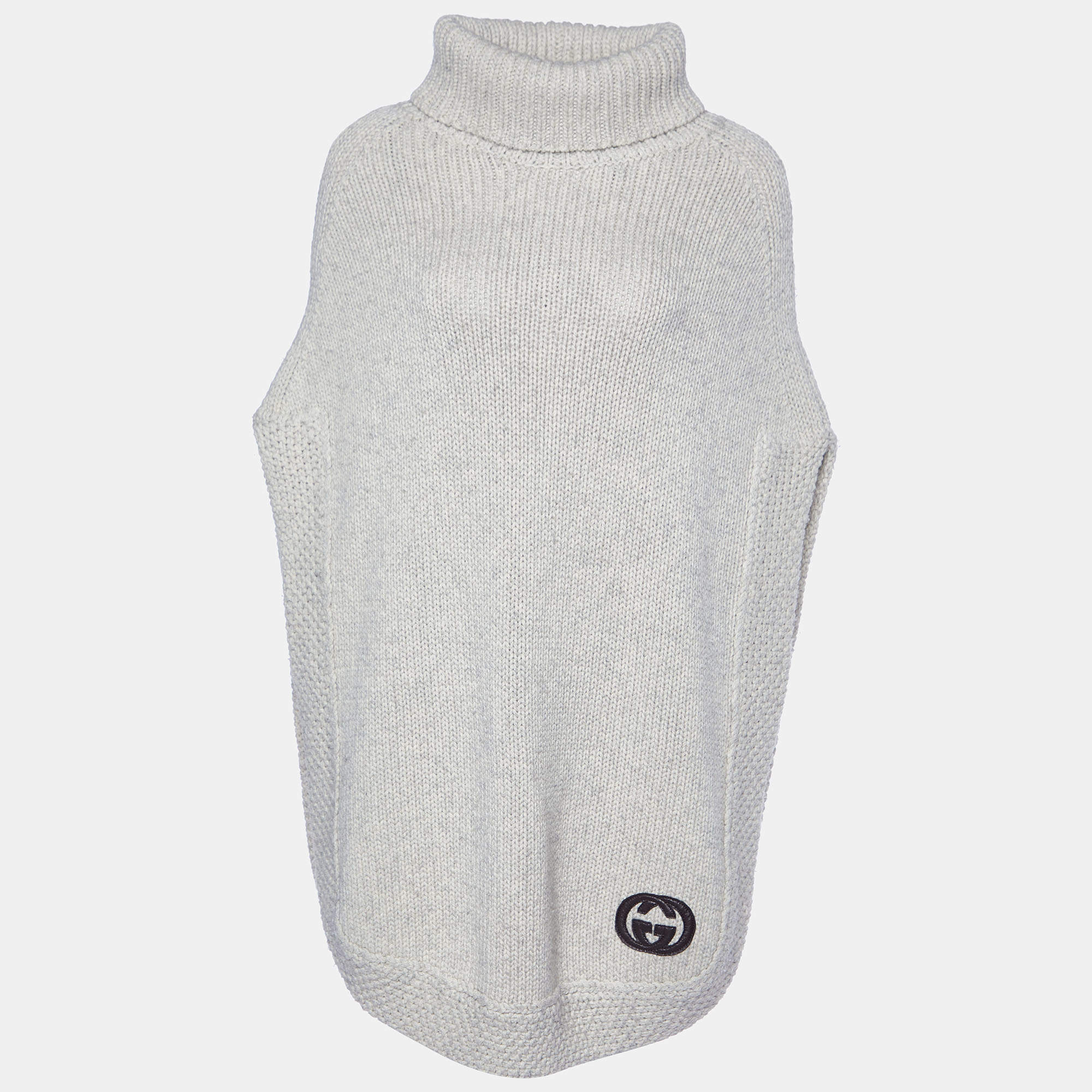 Pre Owned Gucci Cream Camel Wool Knit GG Embroidered Poncho S