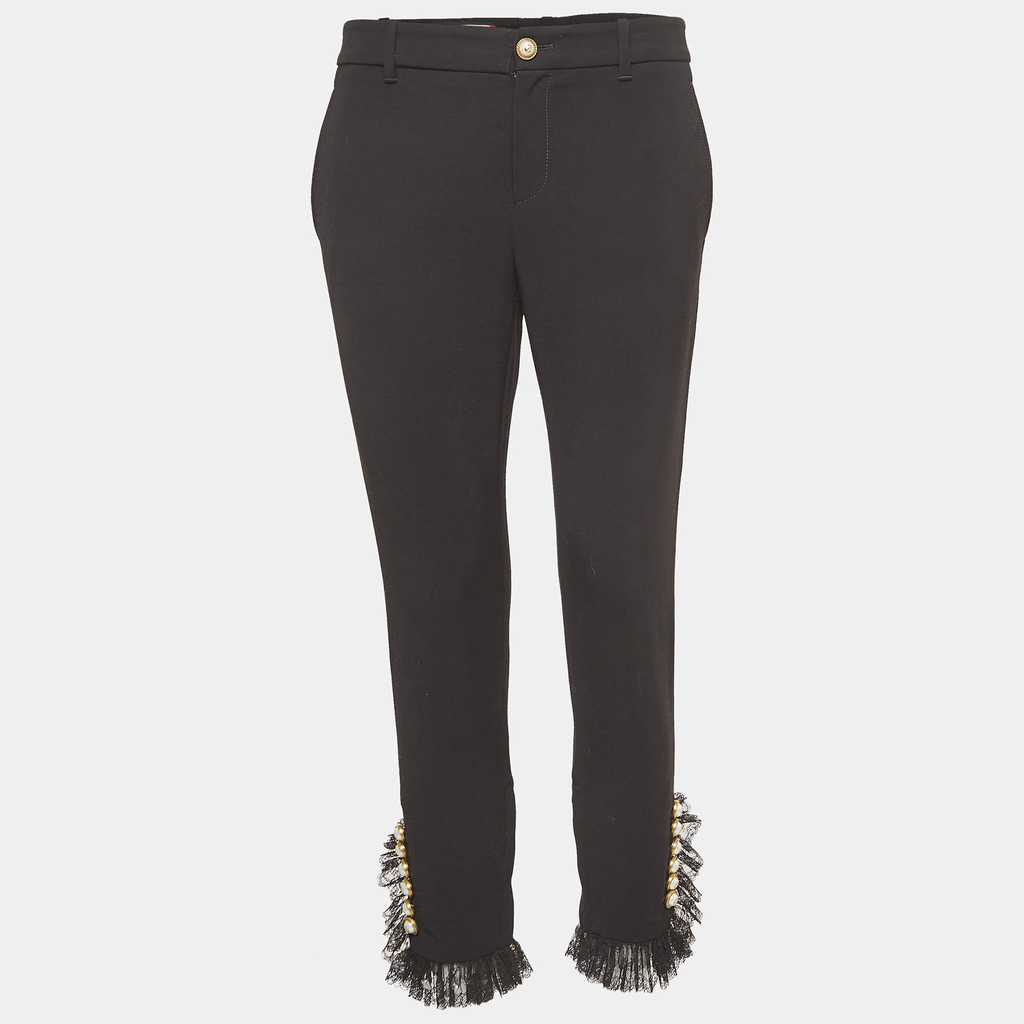 Pre Owned Gucci Black Stretch Cotton Lace Trimmed Skinny Pants M