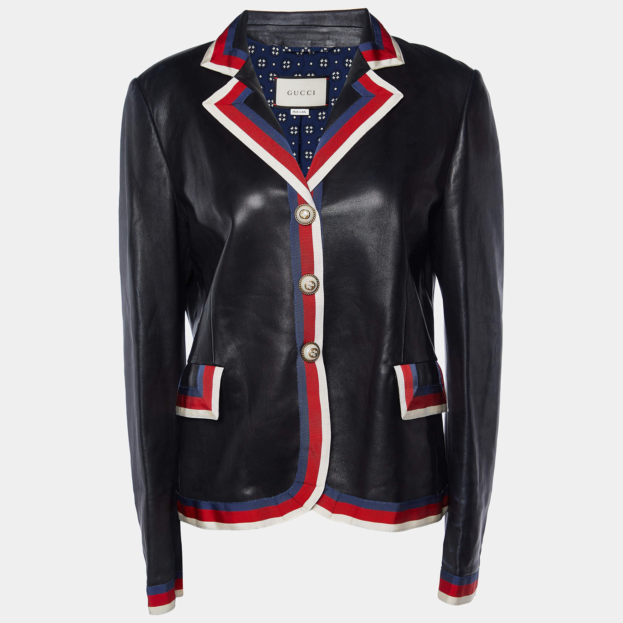 Gucci Black Leather Web Trim Appliqued Button Front Jacket L