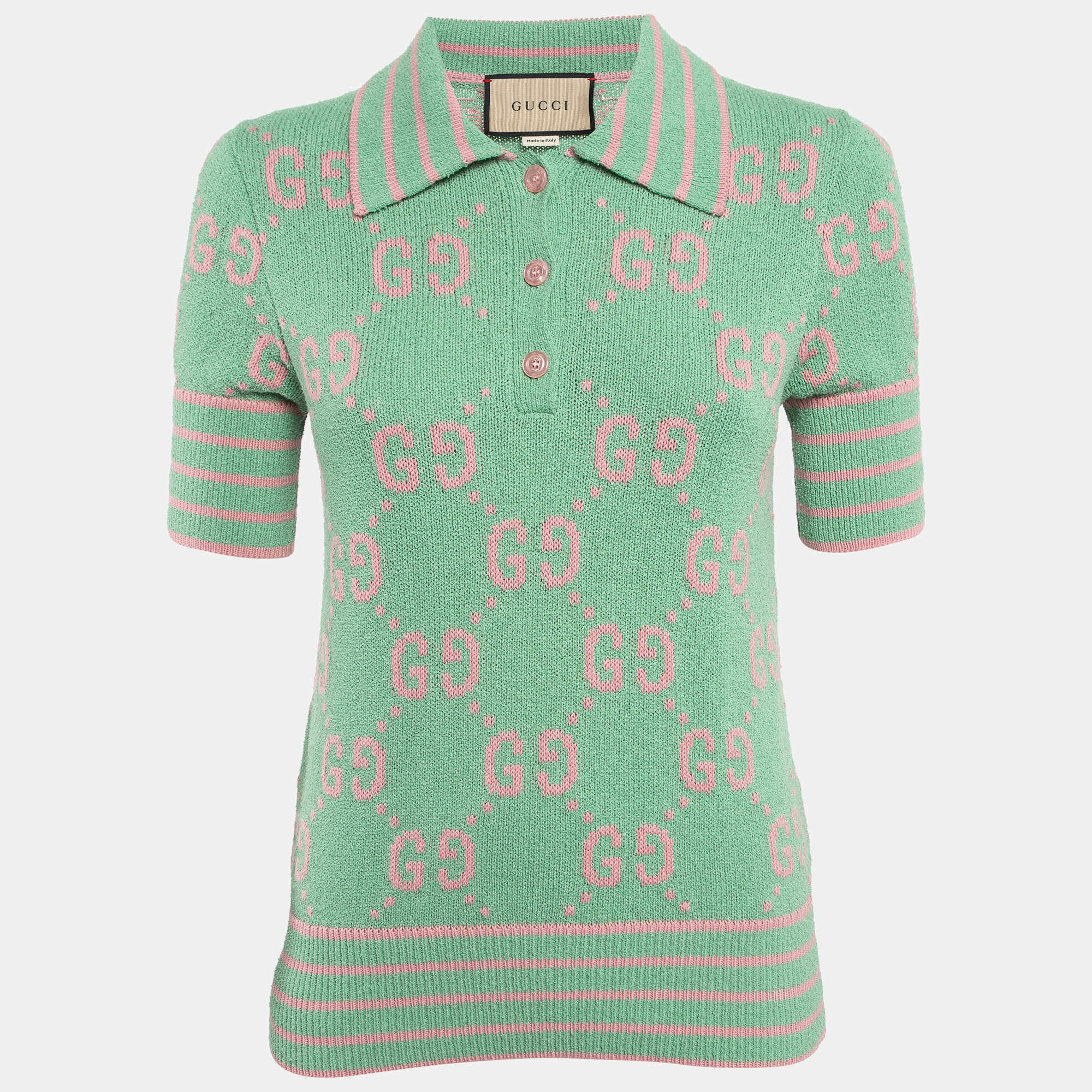 مملوكة مسبقًا Gucci Green GG Intarsia Cotton Knit Polo Top S