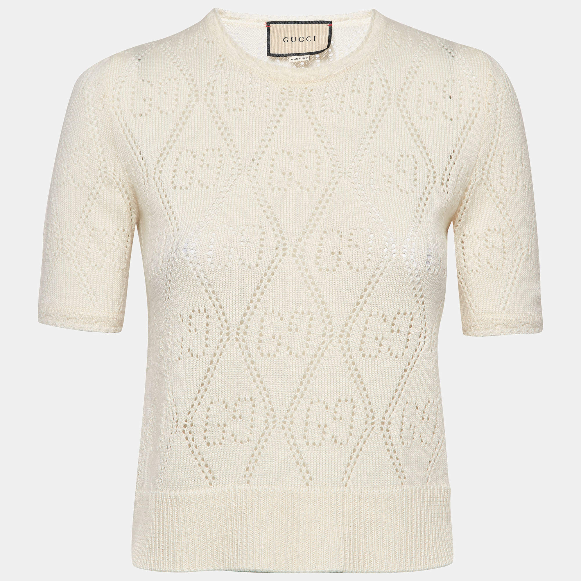 Pre Owned Gucci Cream GG Eyelet Wool Knit Crew Neck Top XS