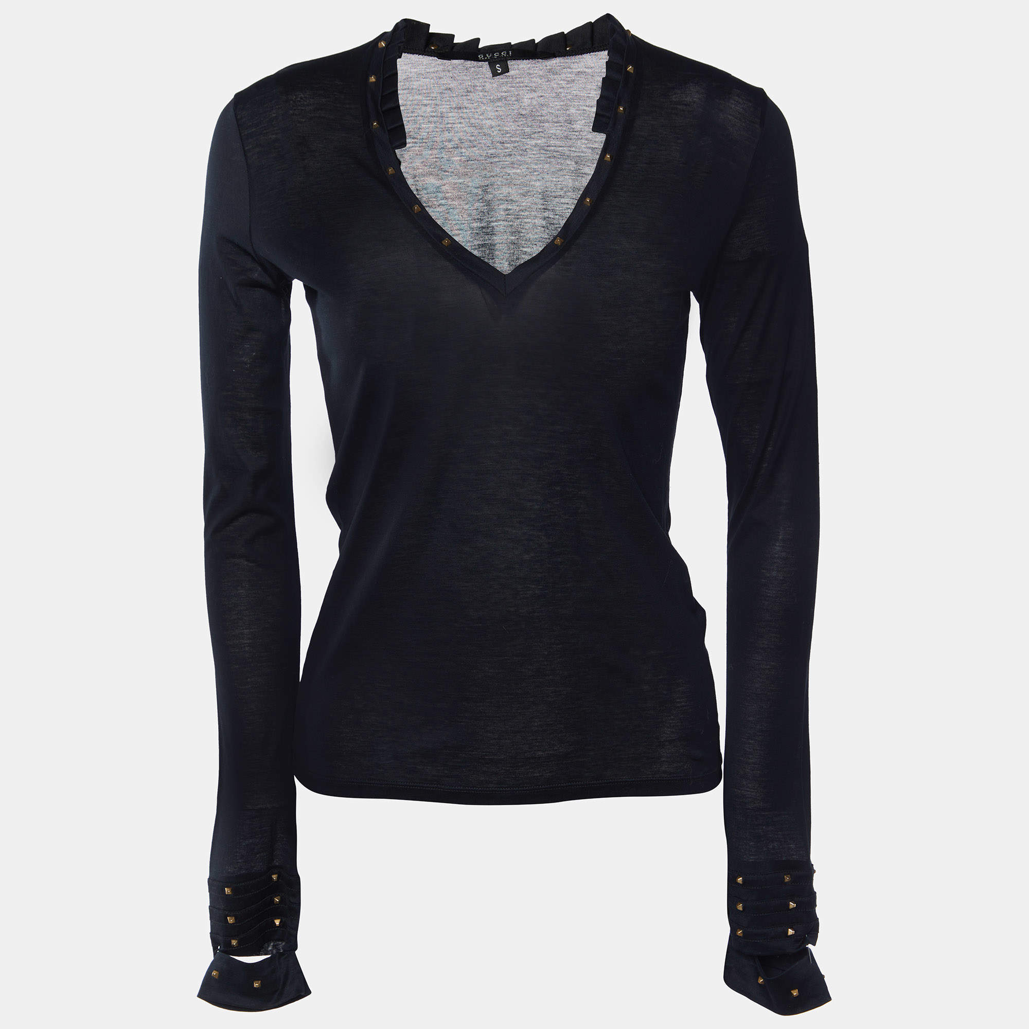 Gucci Black Cotton Stud Detail Long Sleeve Top S