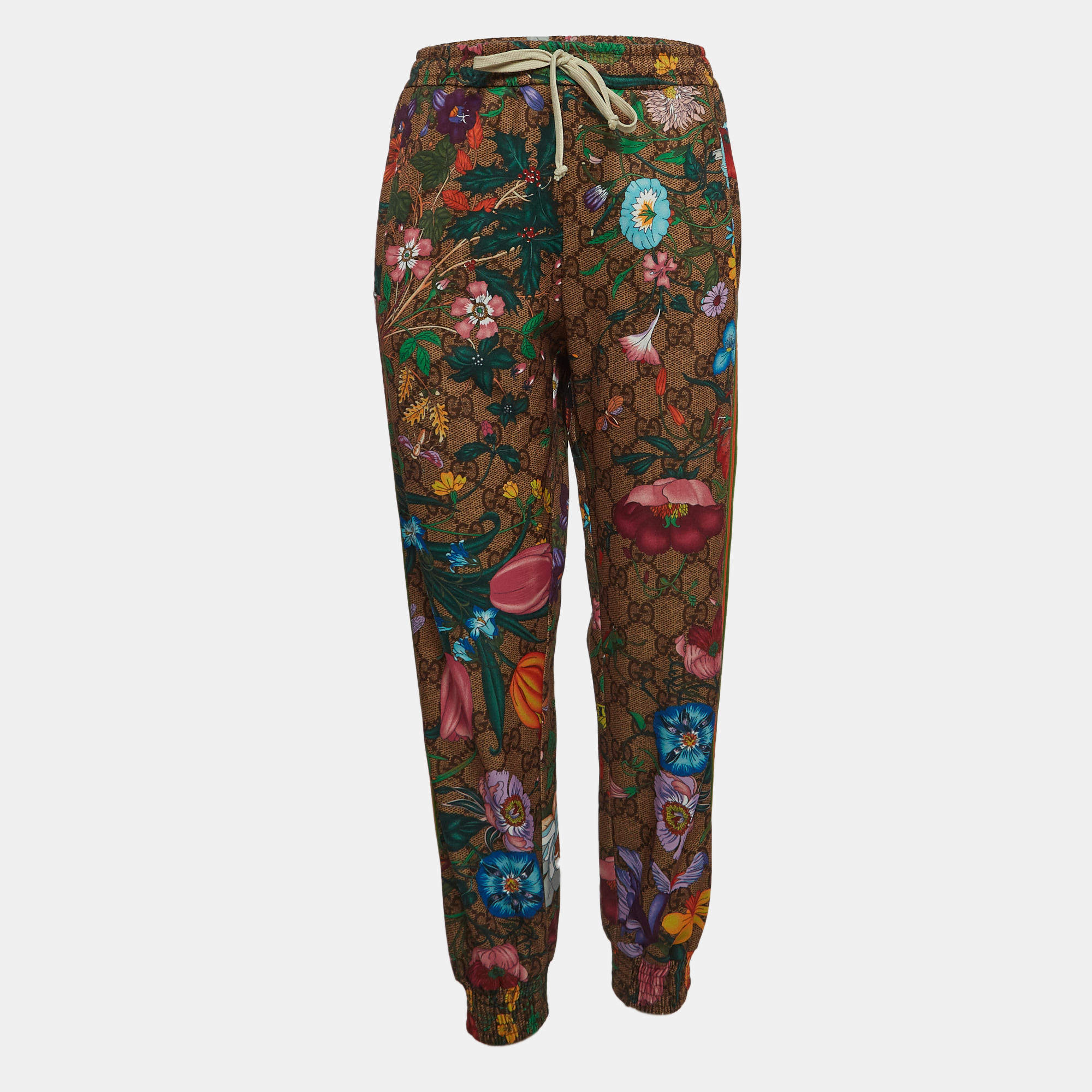 Pre Owned Gucci Green Floral Print GG Supreme Knit Drawstring Joggers M