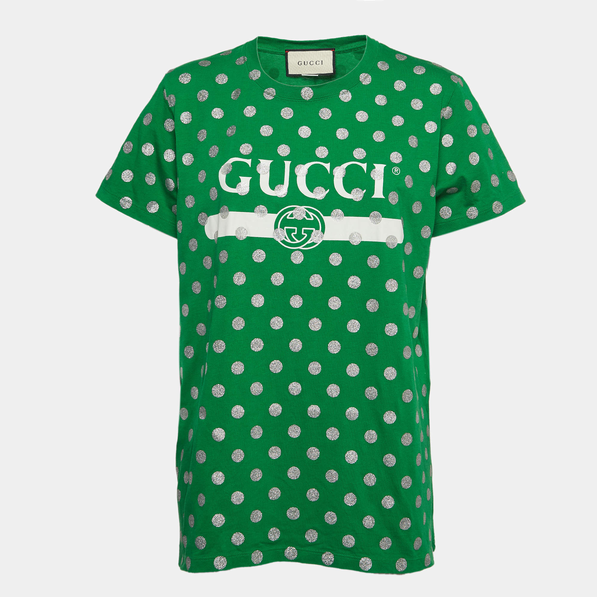 Pre Owned Gucci Green Glitter Polka Dot Logo Print Cotton Crew Neck T-Shirt XS