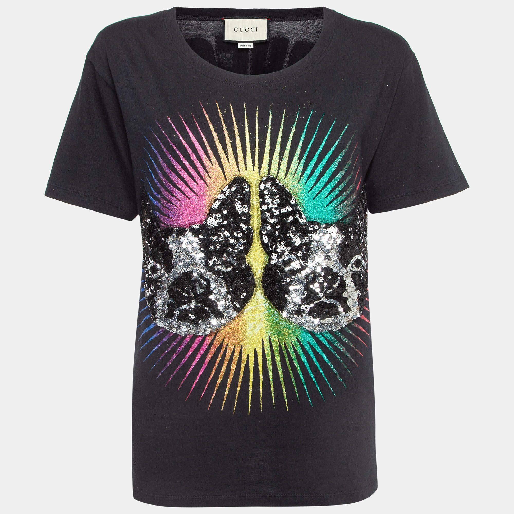 Pre Owned Gucci Black Bosco & Orso Sequin Embellished Cotton Crew Neck T-Shirt S