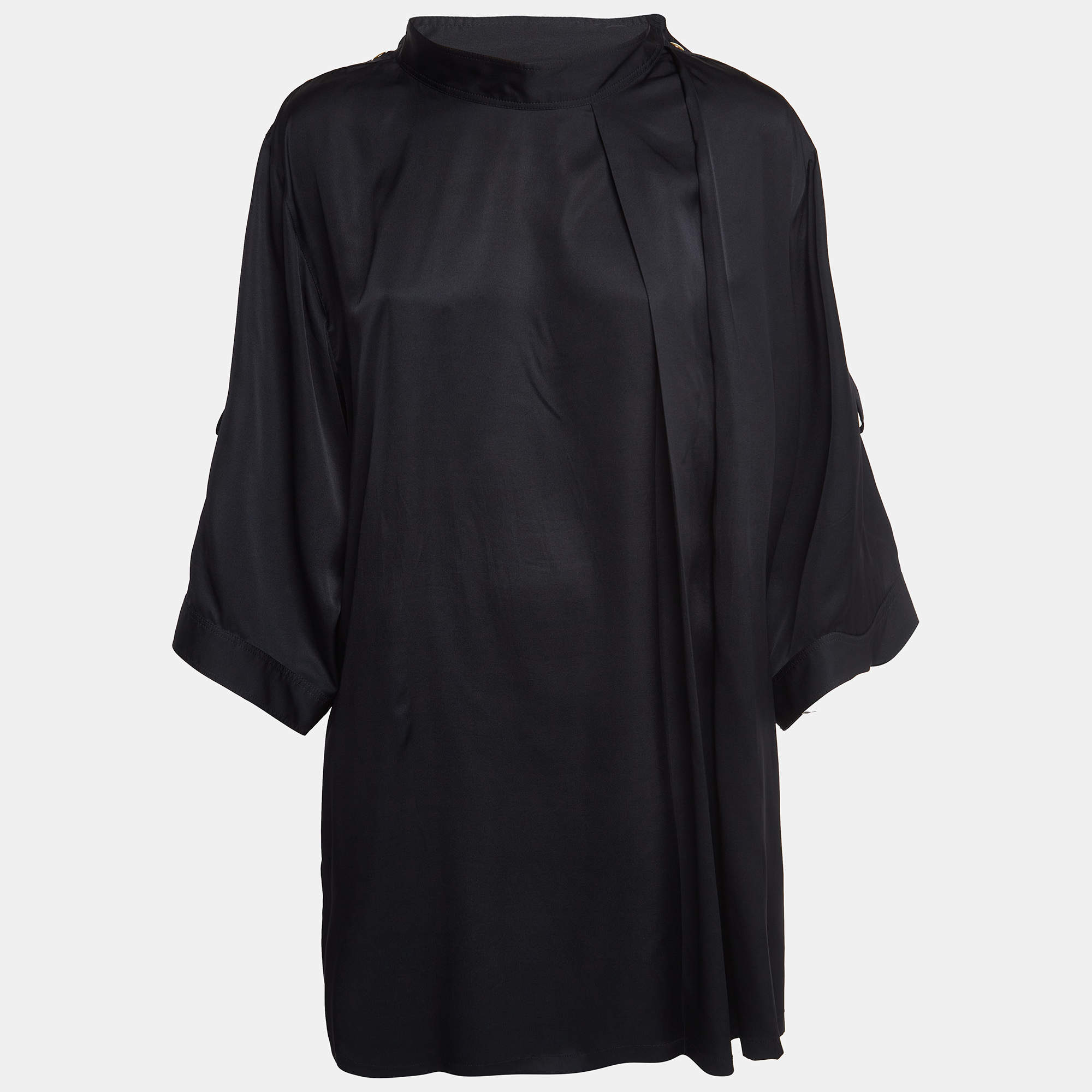 Gucci Black Satin Silk Button Detail Pleated Mini Dress S