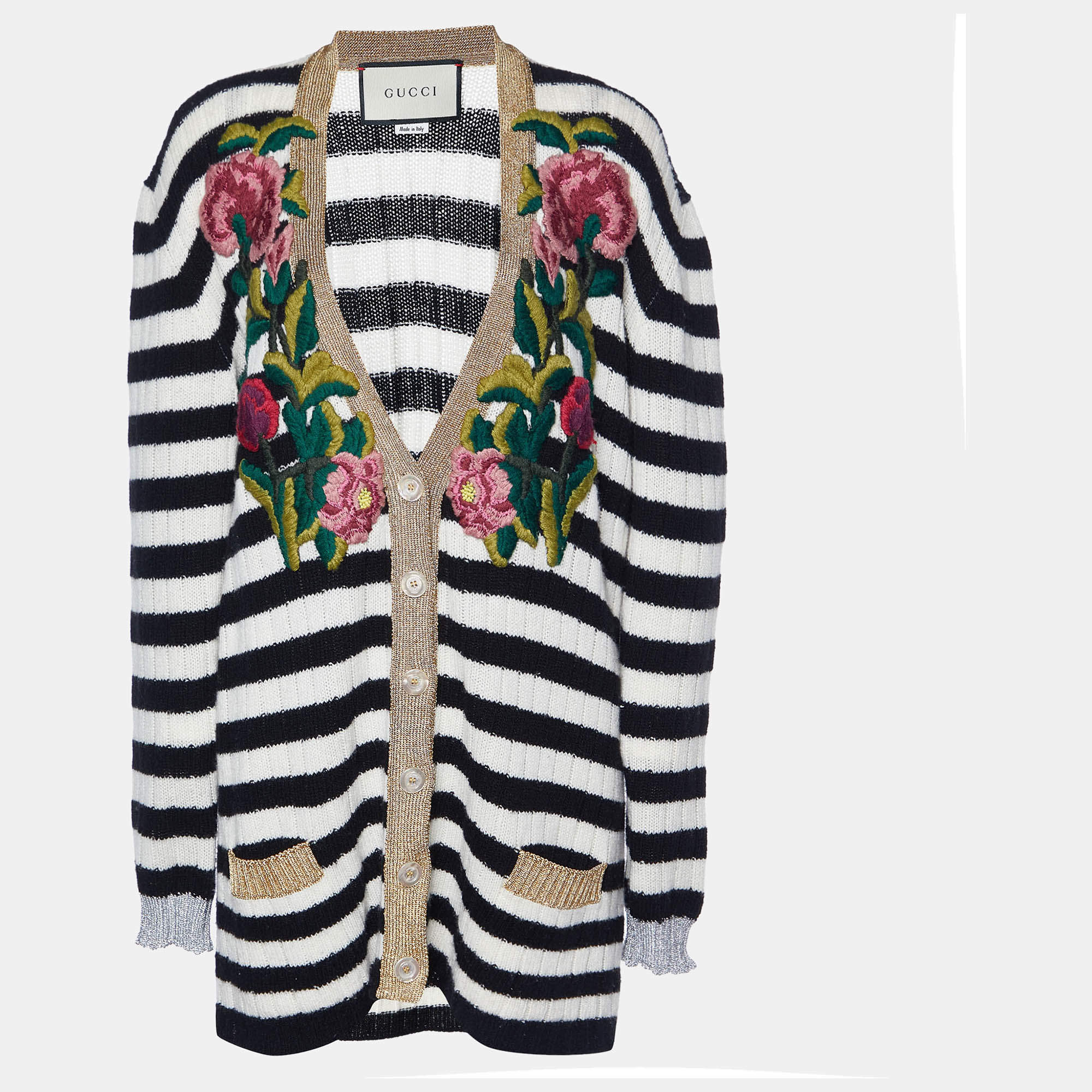 Pre Owned Gucci Monochrome Striped Cashmere & Wool Knit Embroidered Cardigan M