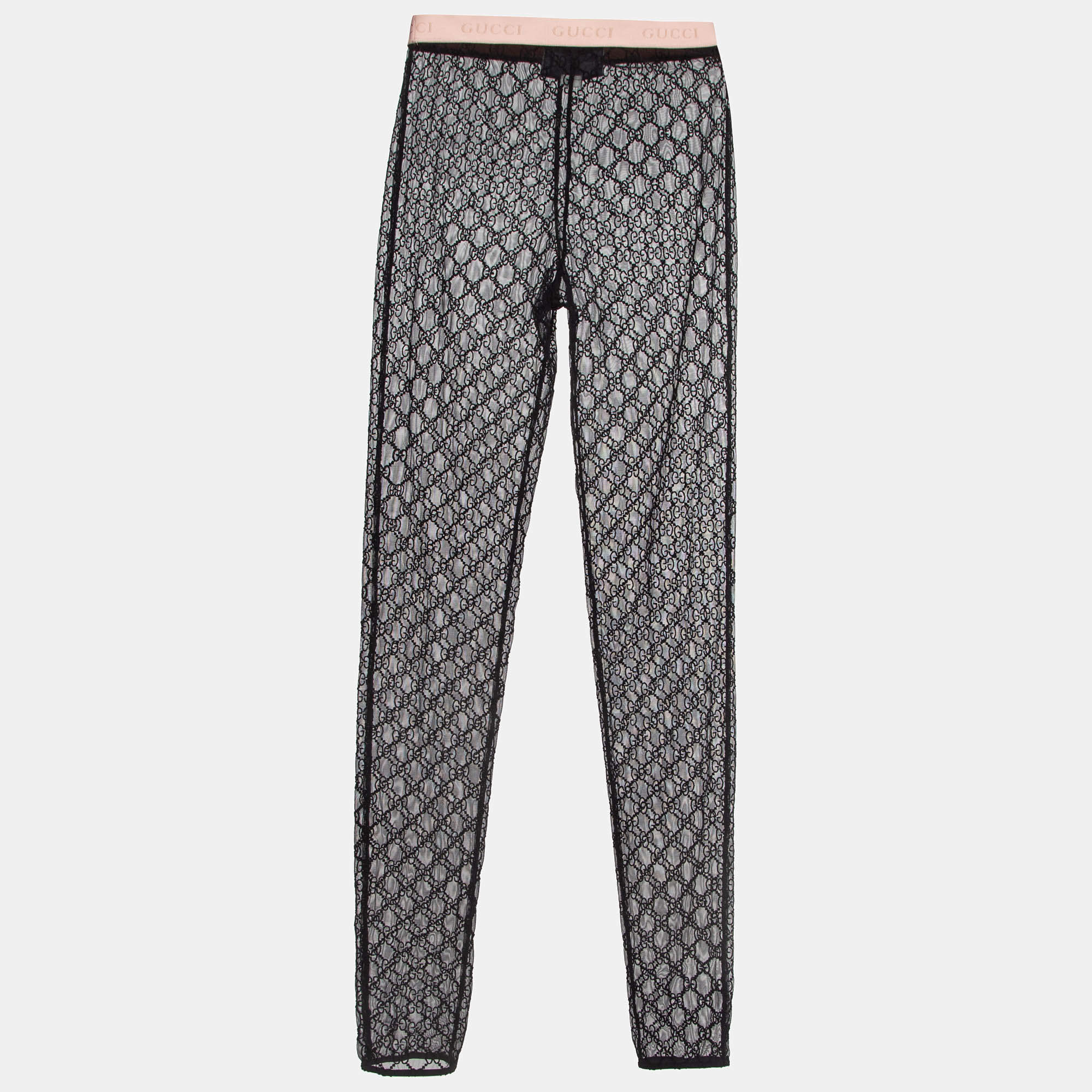 Gucci Black Logo Embroidered Tulle Sheer Leggings M