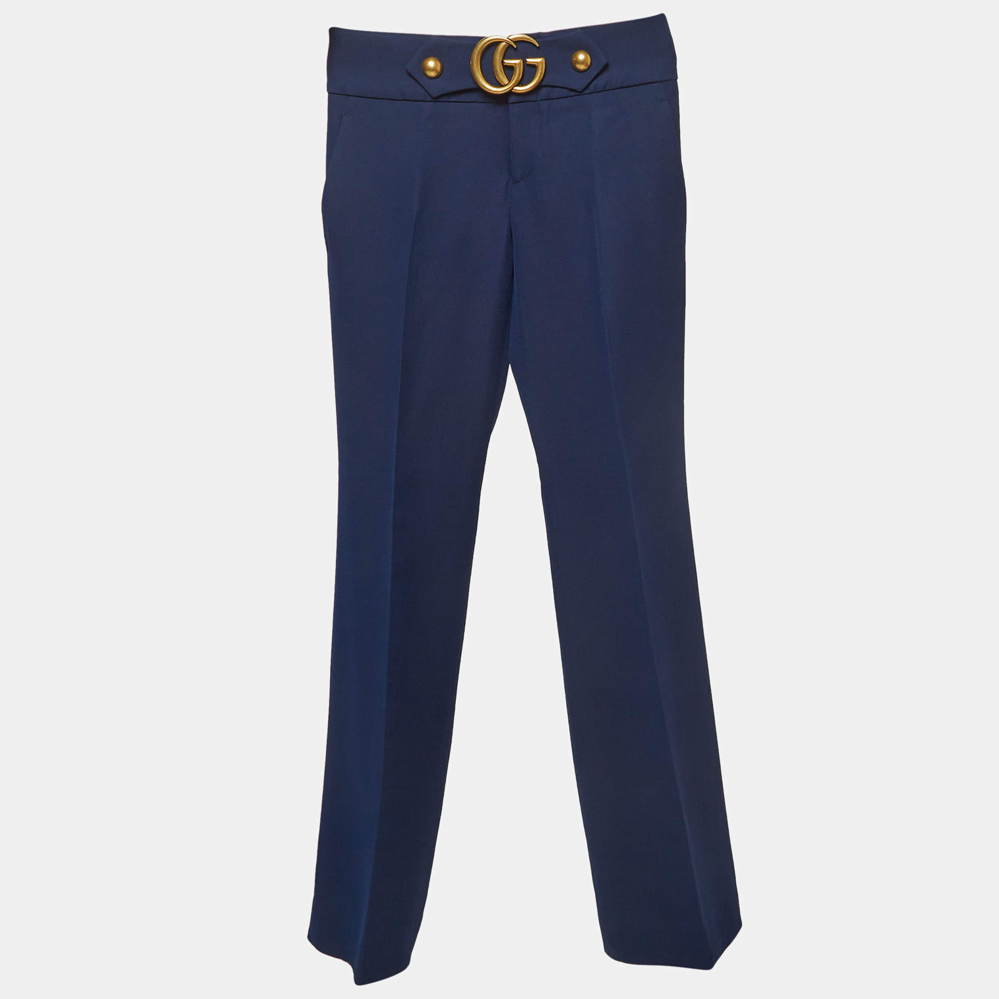 Gucci Blue Double Stretch Jersey GG Marmont Buckle Detail Trousers S
