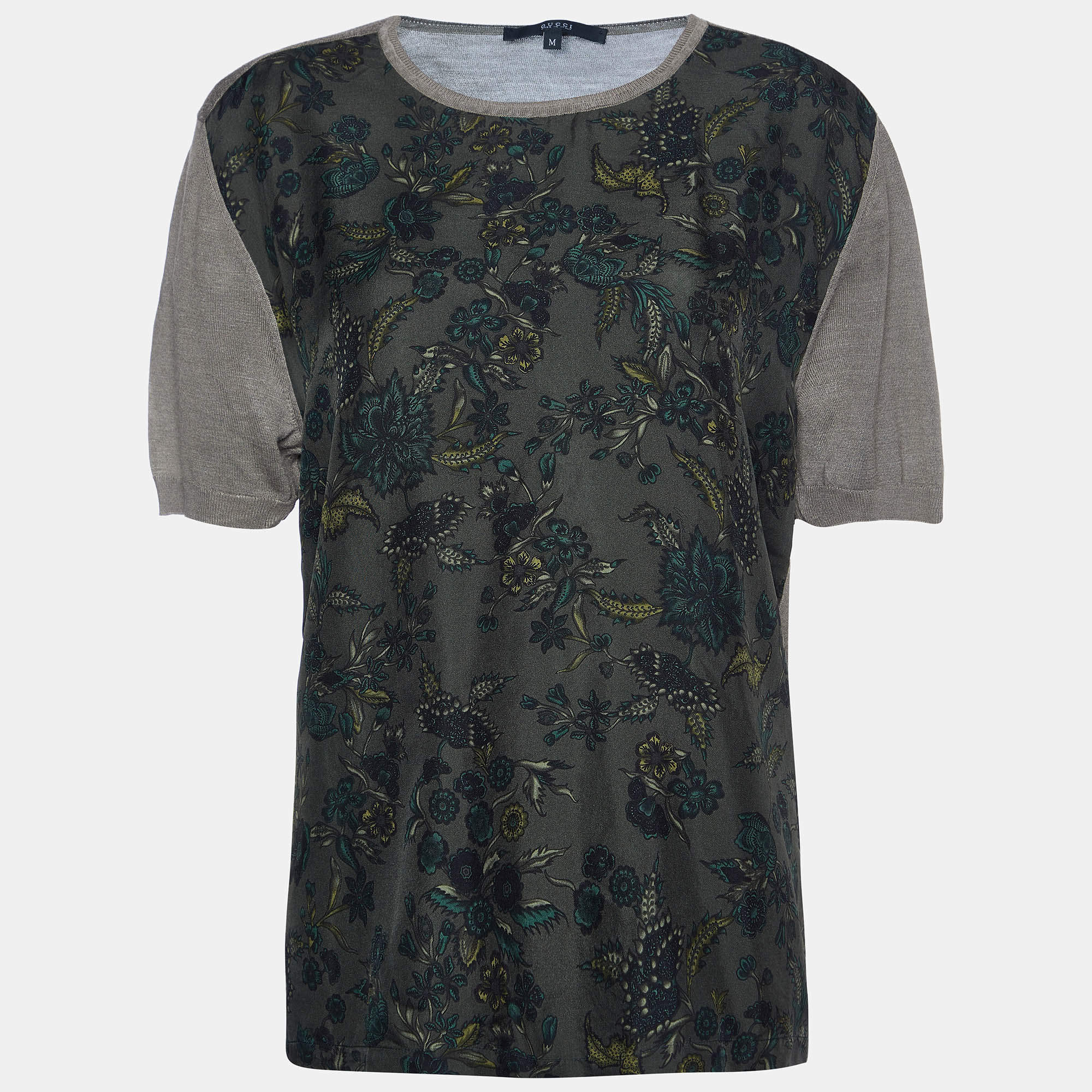 Gucci Olive Green Floral Print Silk & Knit Crew Neck Jumper M