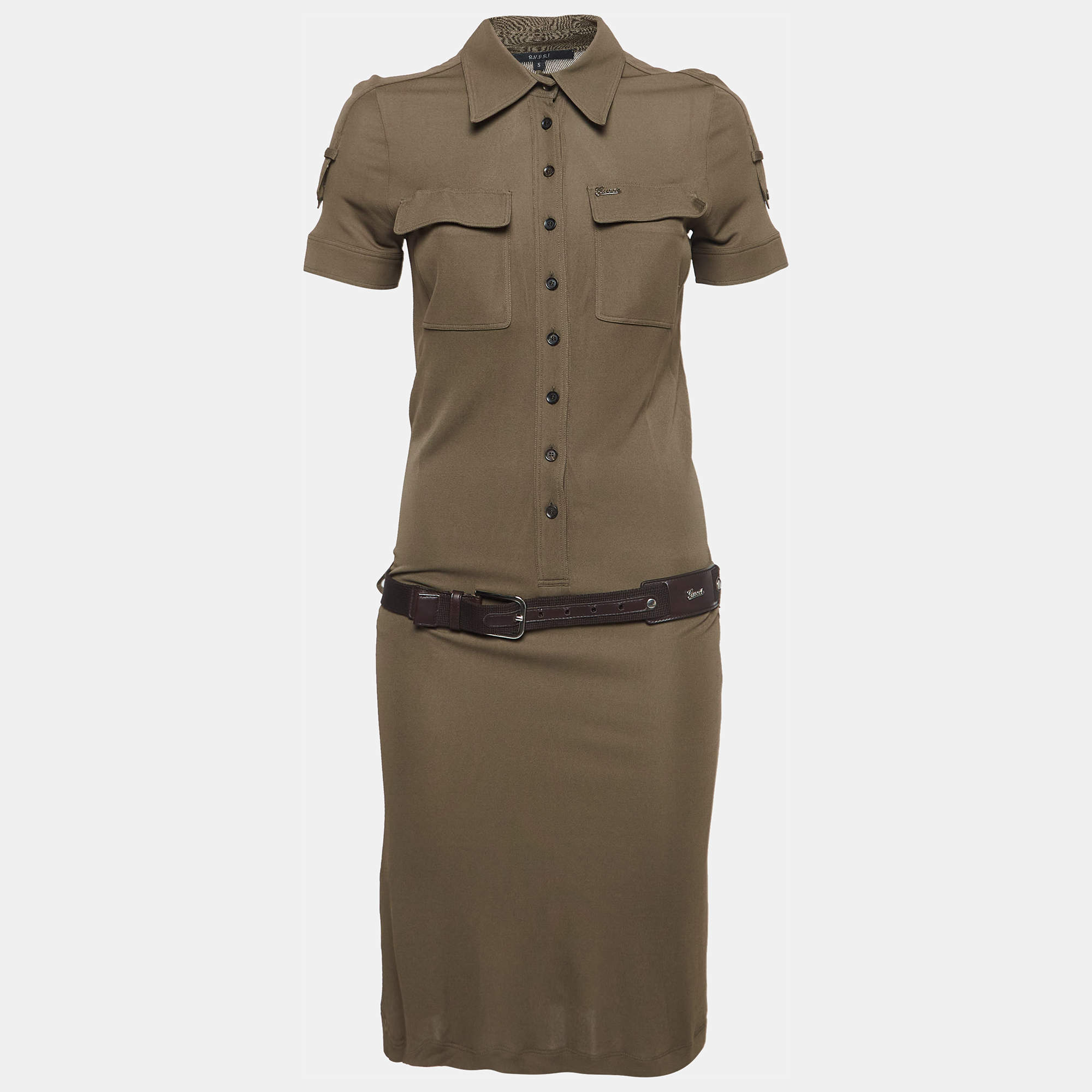 Gucci Green Stretch Crepe Belted Midi Dress S