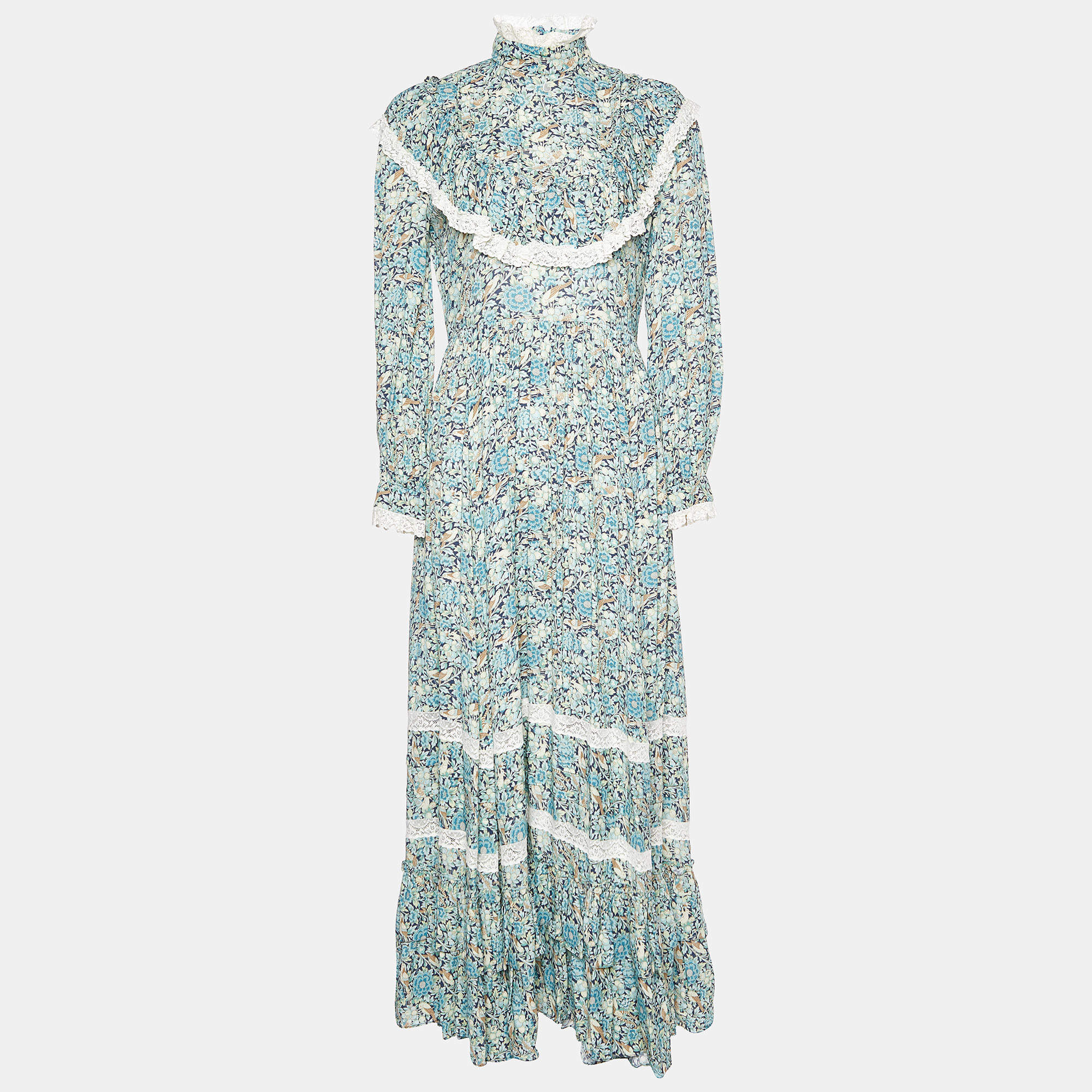 Pre Owned Gucci Blue Liberty Floral Print Cotton Crepe Maxi Dress S