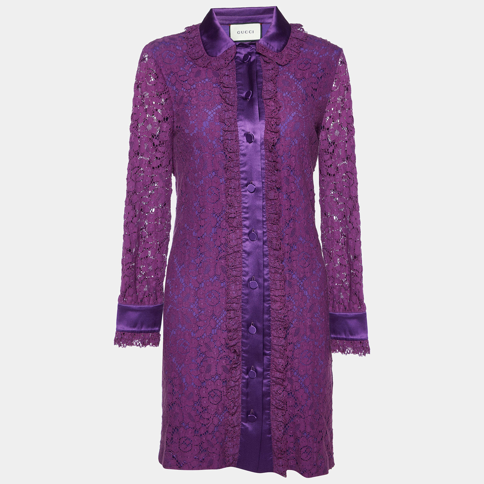 Pre Owned Gucci Purple Lace Buttoned Mini Shirt Dress S