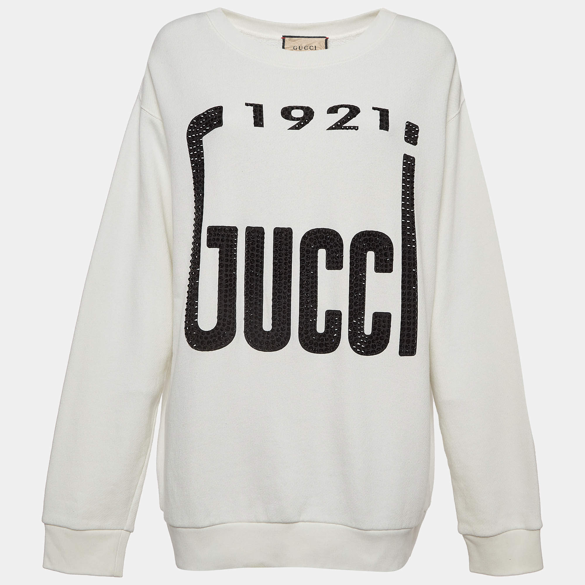Gucci Off White Crystal Printed Cotton Sweatshirt M