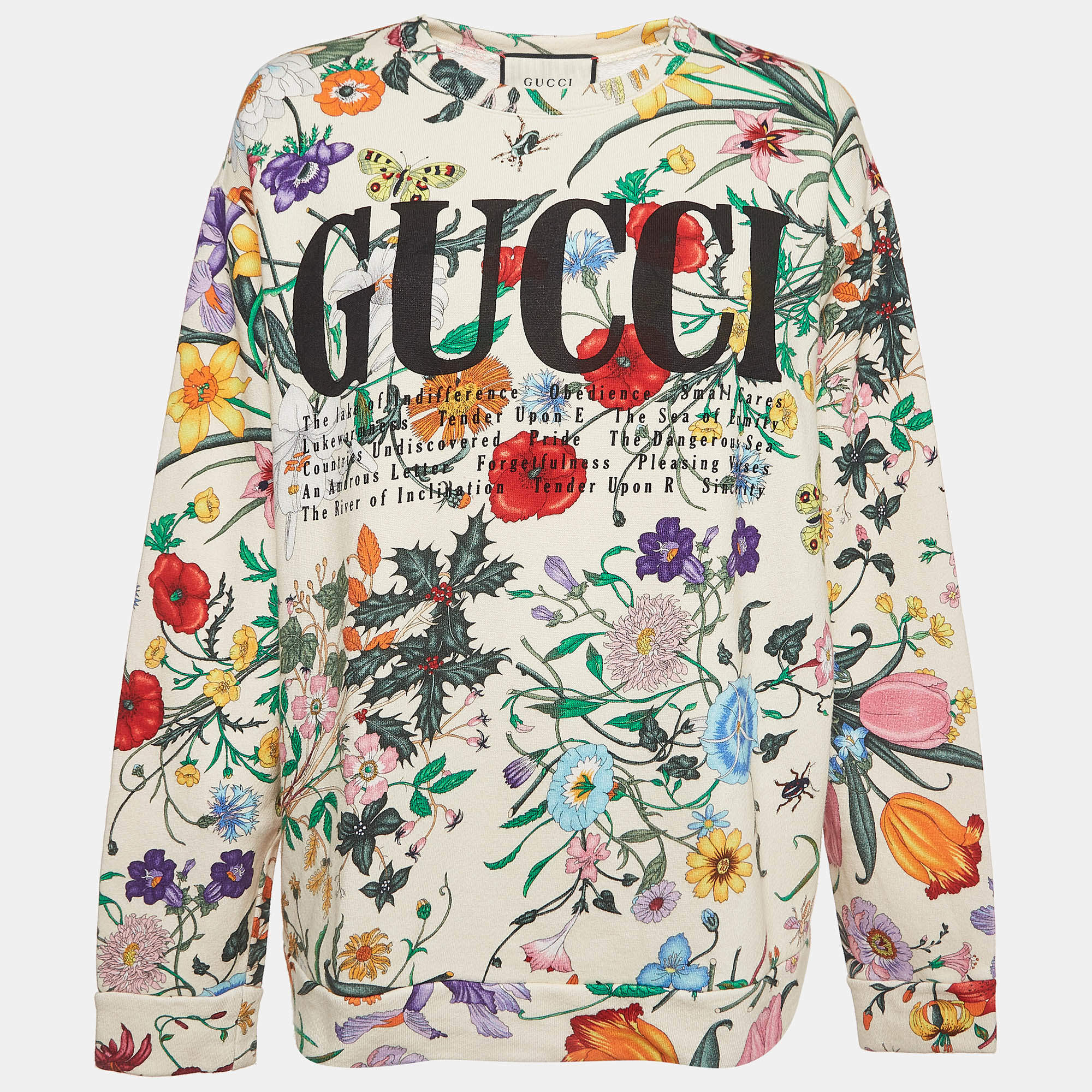 Pre Owned Gucci Cream Flora Print Cotton Crewneck Oversized Sweatshirt M
