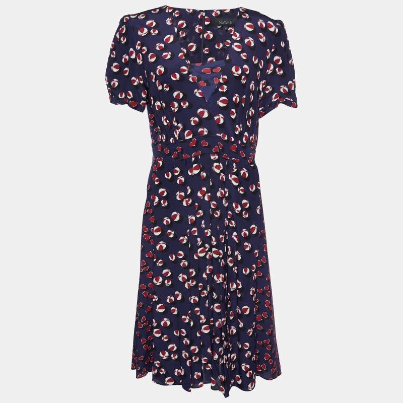 Pre Owned Gucci Navy Blue Printed Silk Flared Midi Dress M