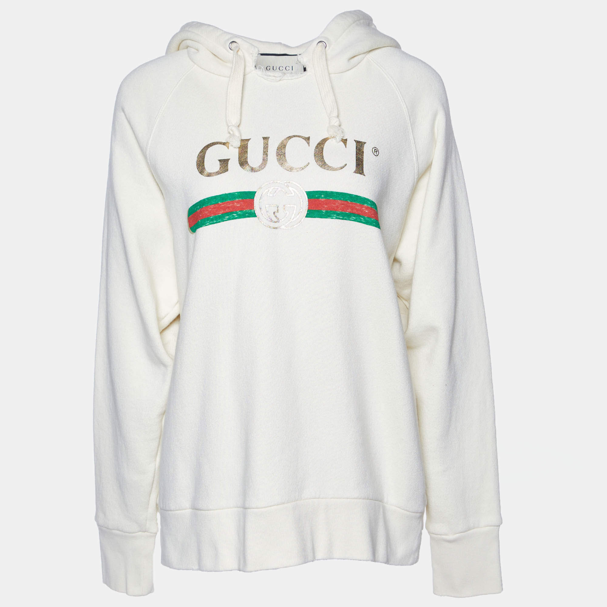 Pre Owned Gucci Cream Blind For Love Embroidered Cotton Distressed Hoodie S
