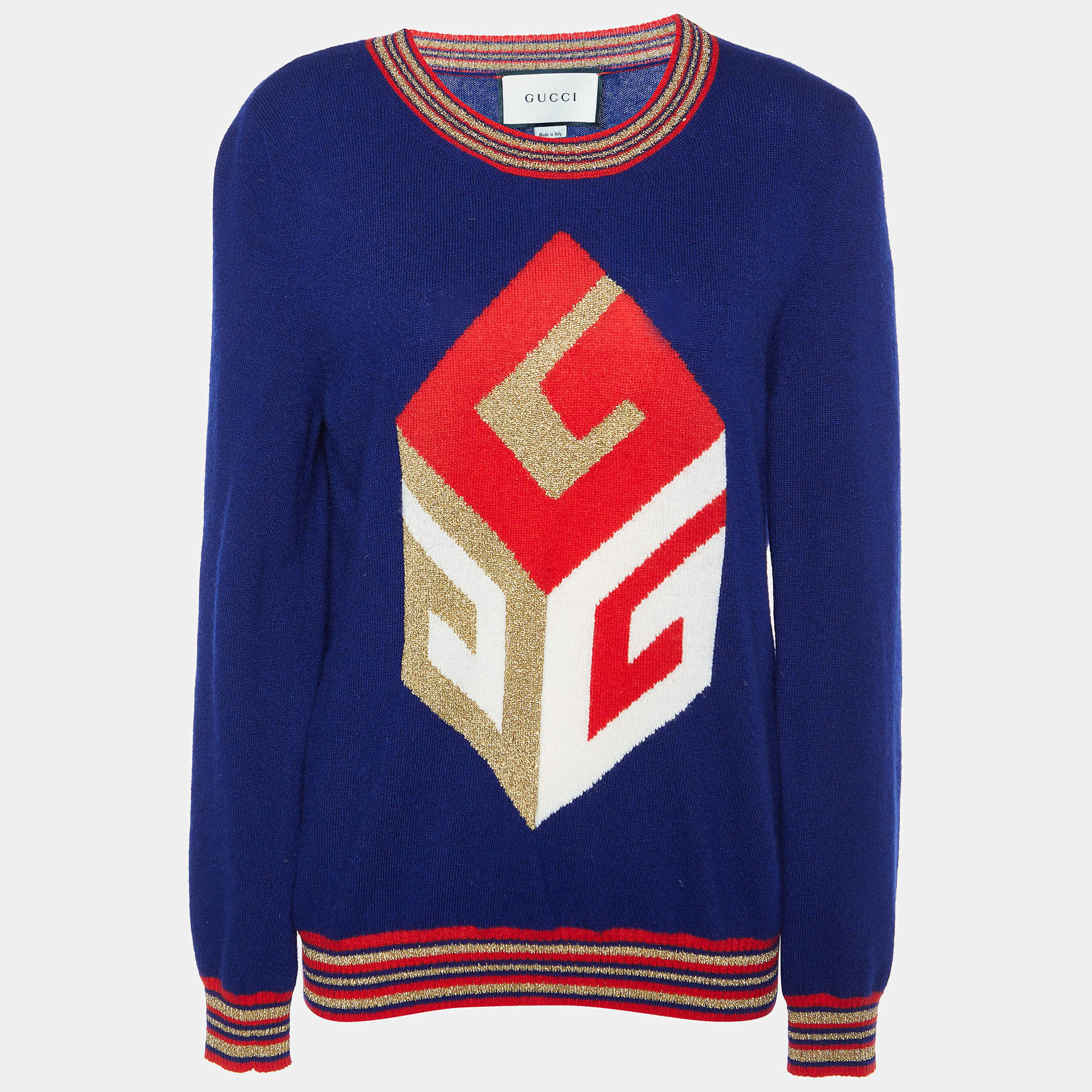 Pre Owned Gucci Navy Blue Intarsia Cube Lurex Wool Knit Sweater L