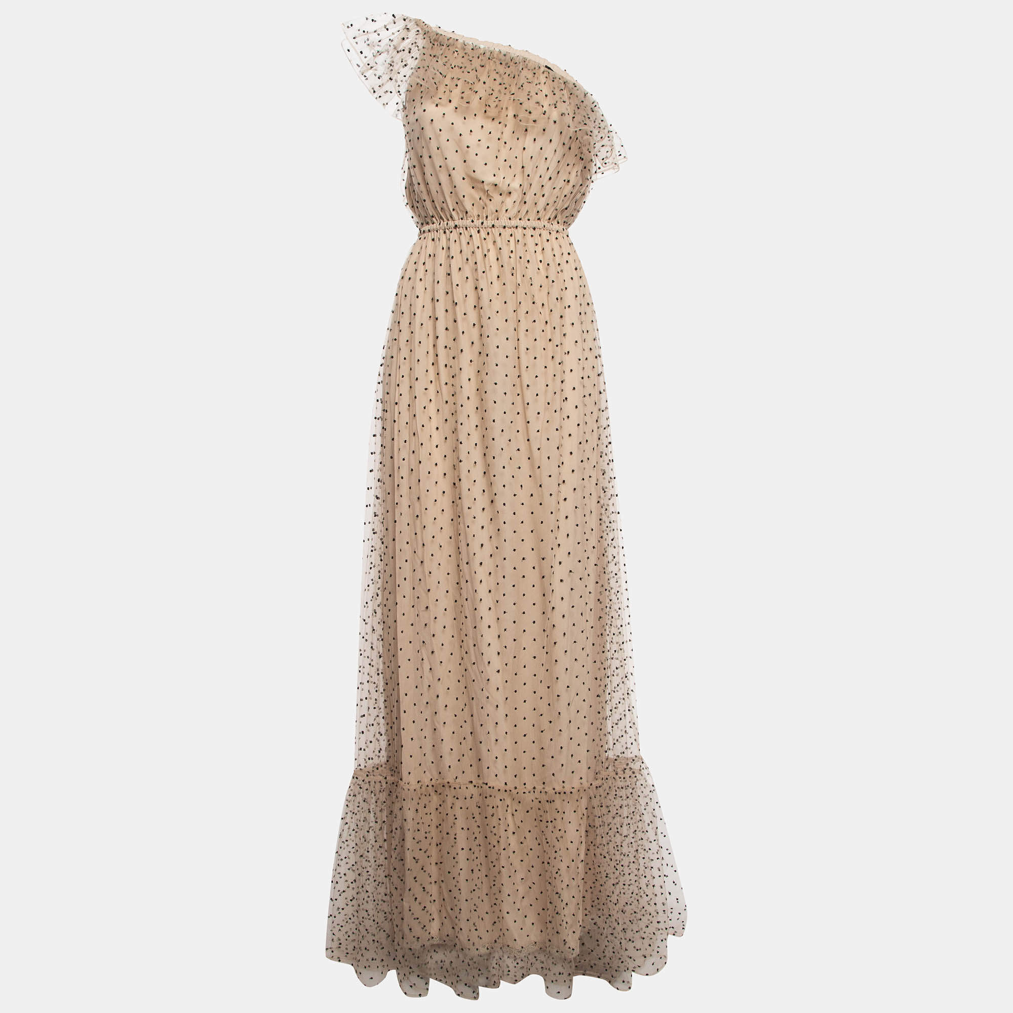 Gucci Beige Dot Embroidered Tulle One Shoulder Maxi Dress M