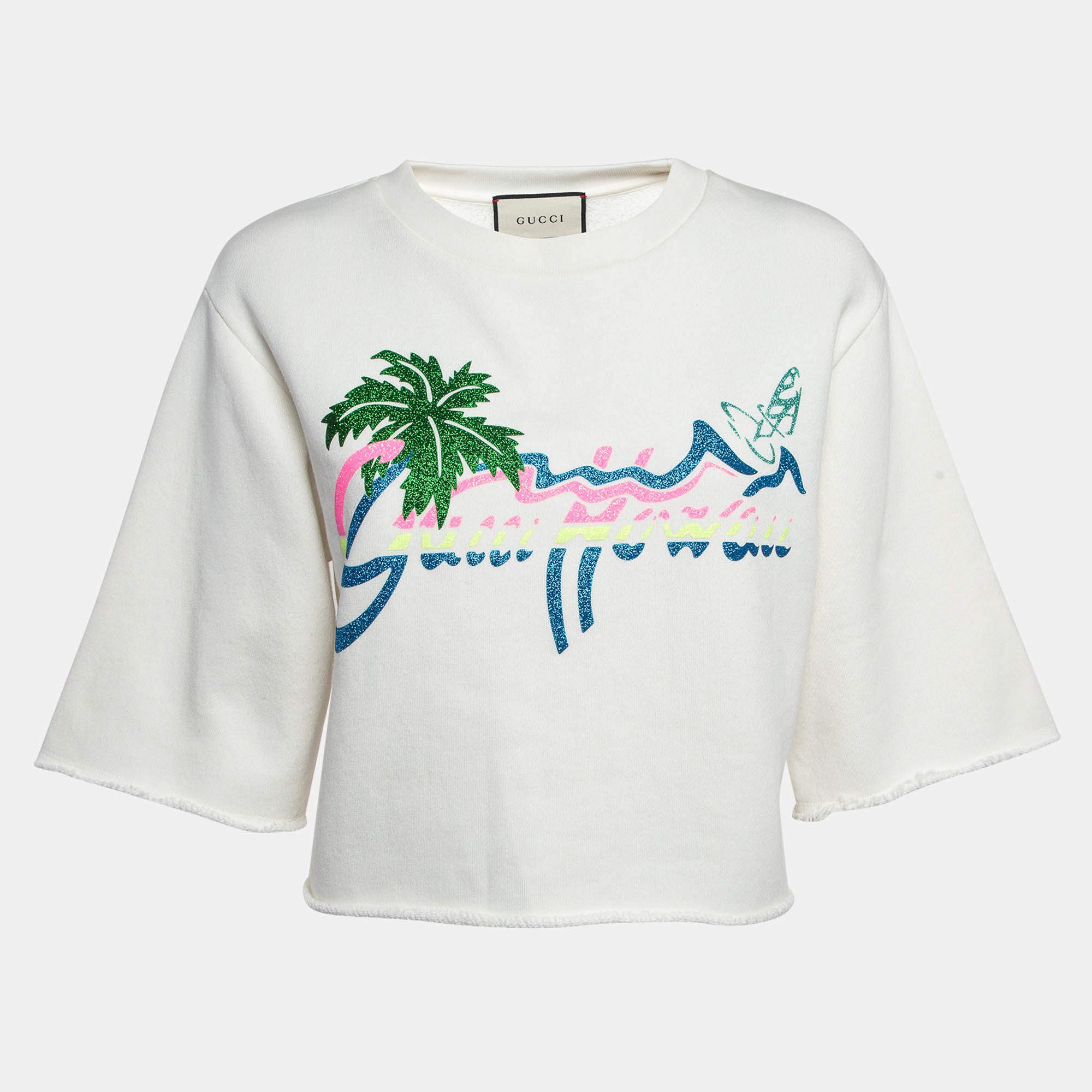 Gucci White Hawaii Glitter Print Cotton Cropped Sweatshirt XS