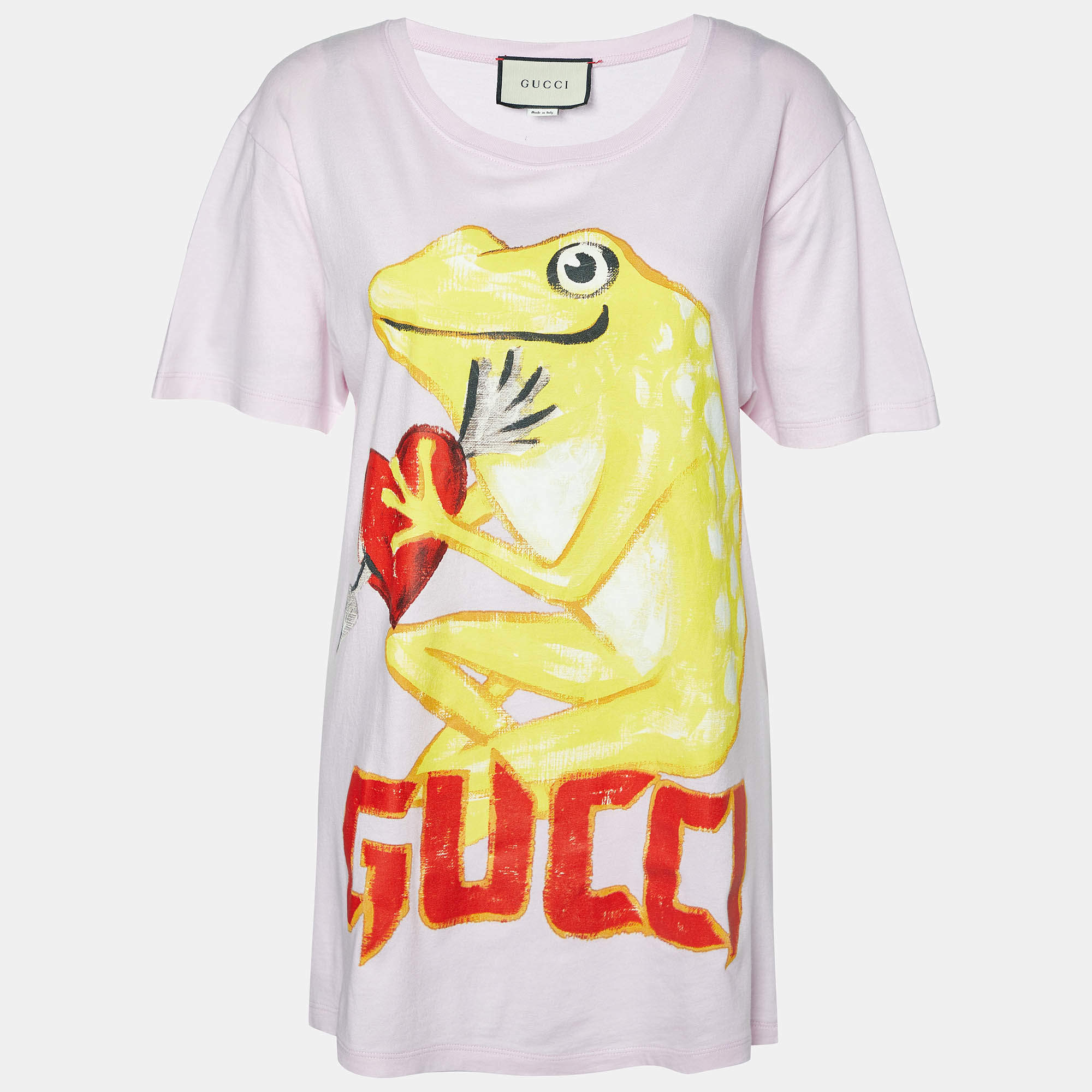 Pre Owned Gucci Pink Frog Logo Print Cotton Crew Neck T-Shirt S
