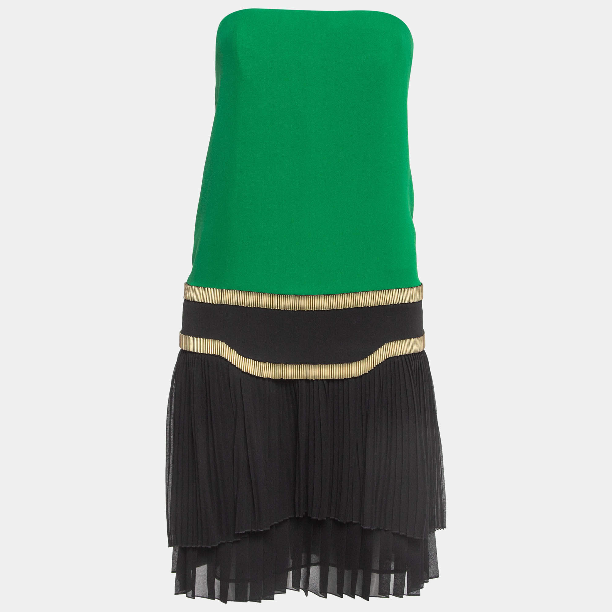 Pre Owned Gucci Green & Black Silk Pleated Strapless Dress S