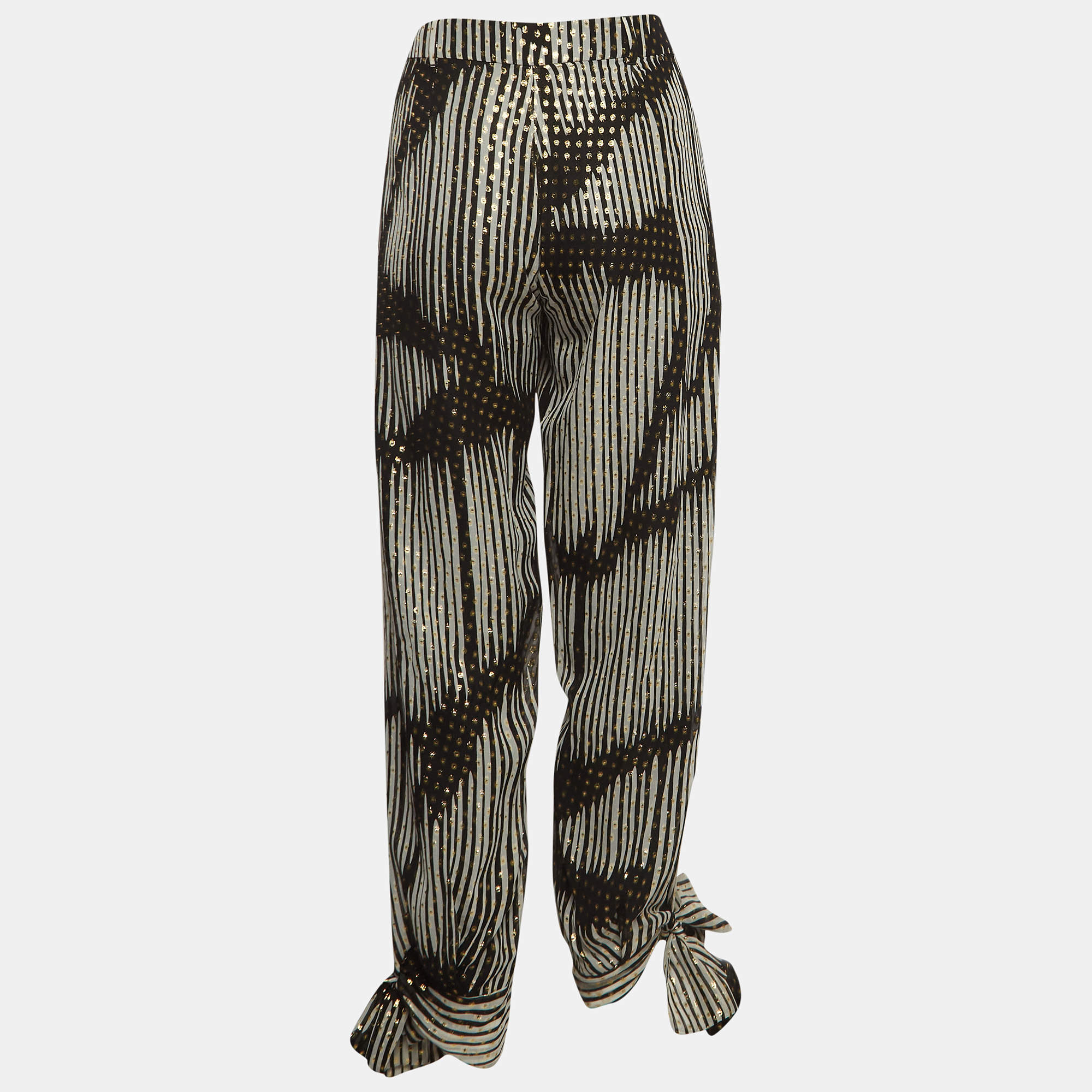 Gucci Black & White Silk Brocade Tie Up Pants S