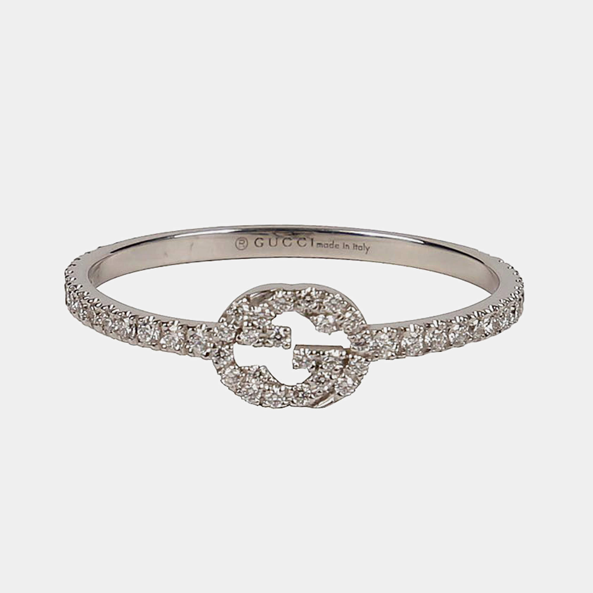 Gucci 18K White Gold Diamond Interlocking G Ring Size 16