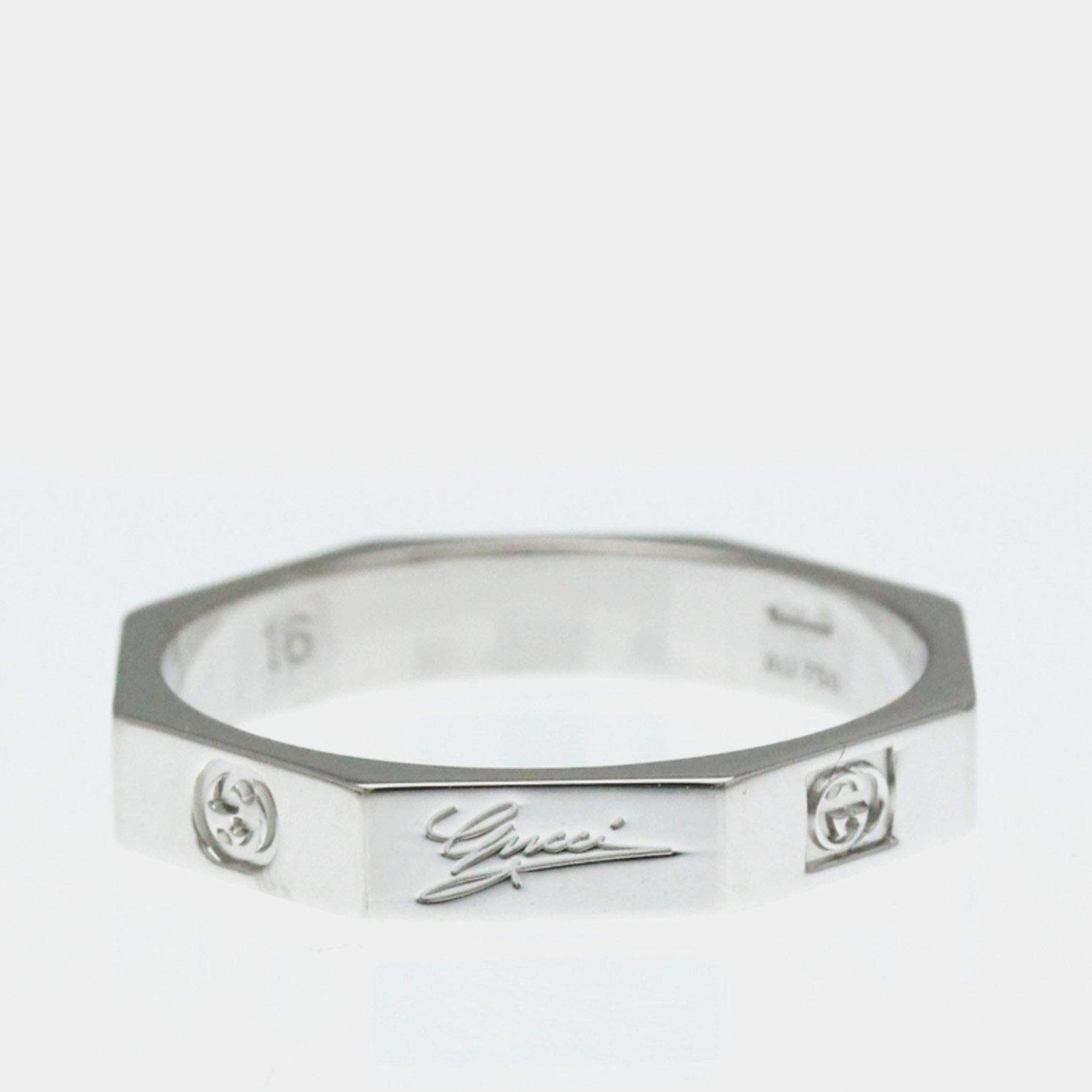 Pre Owned Gucci Octagonal White Gold 18K Fashion No Stone Band Ring Silver