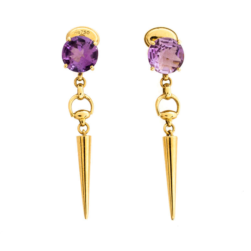 Gucci Horsebit Amethyst 18K Yellow Gold Spike Drop Earrings