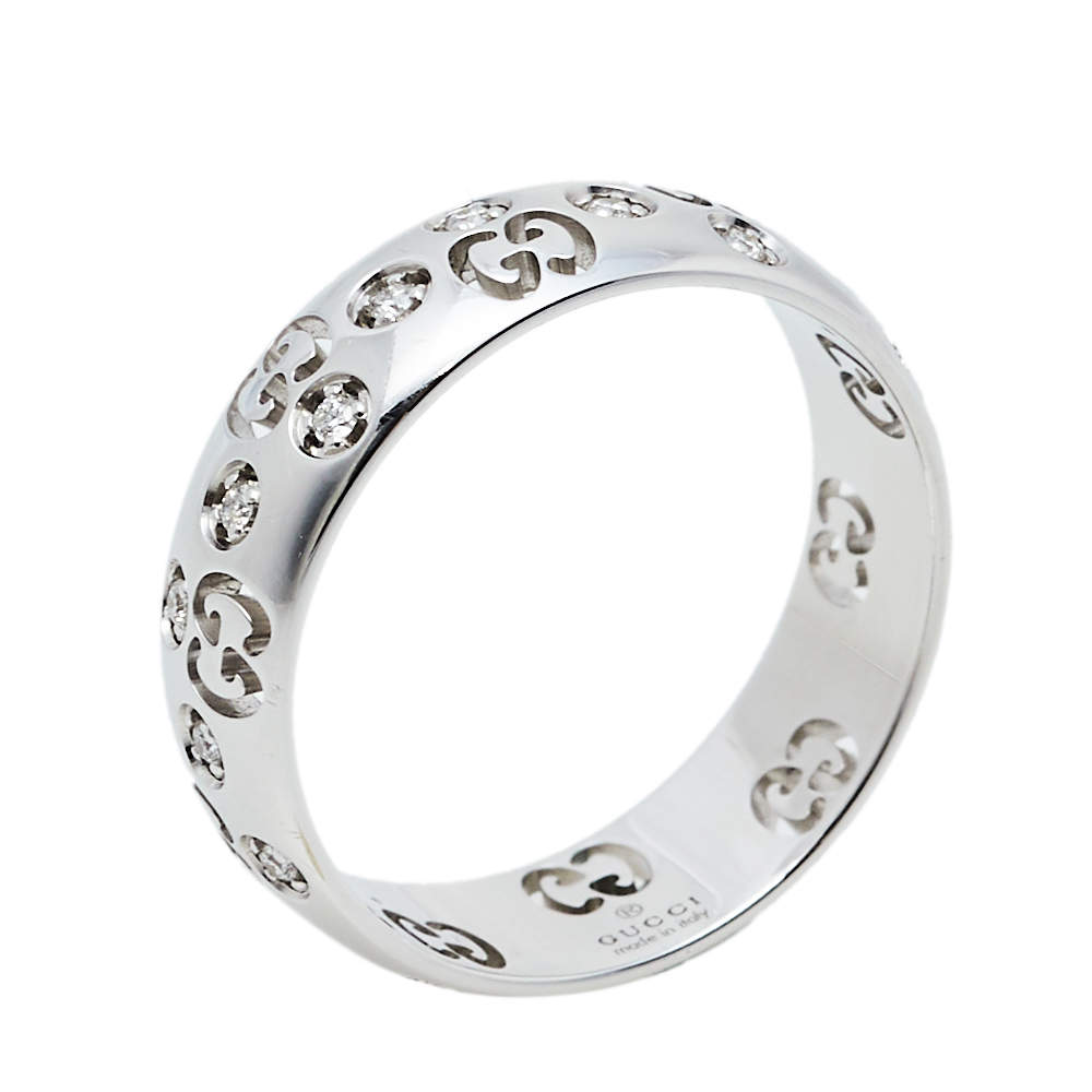 Gucci Icon Diamond 18K White Gold Bold Ring Size 57