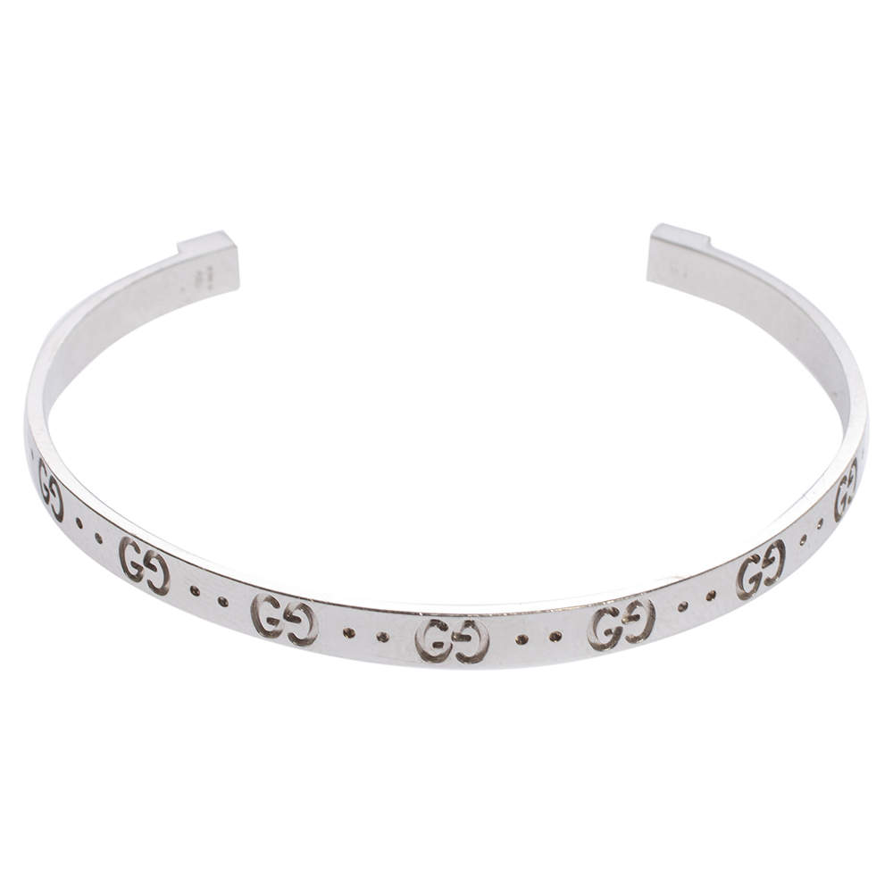 Gucci GG Motif 18K White Gold Narrow Open Cuff Bracelet 