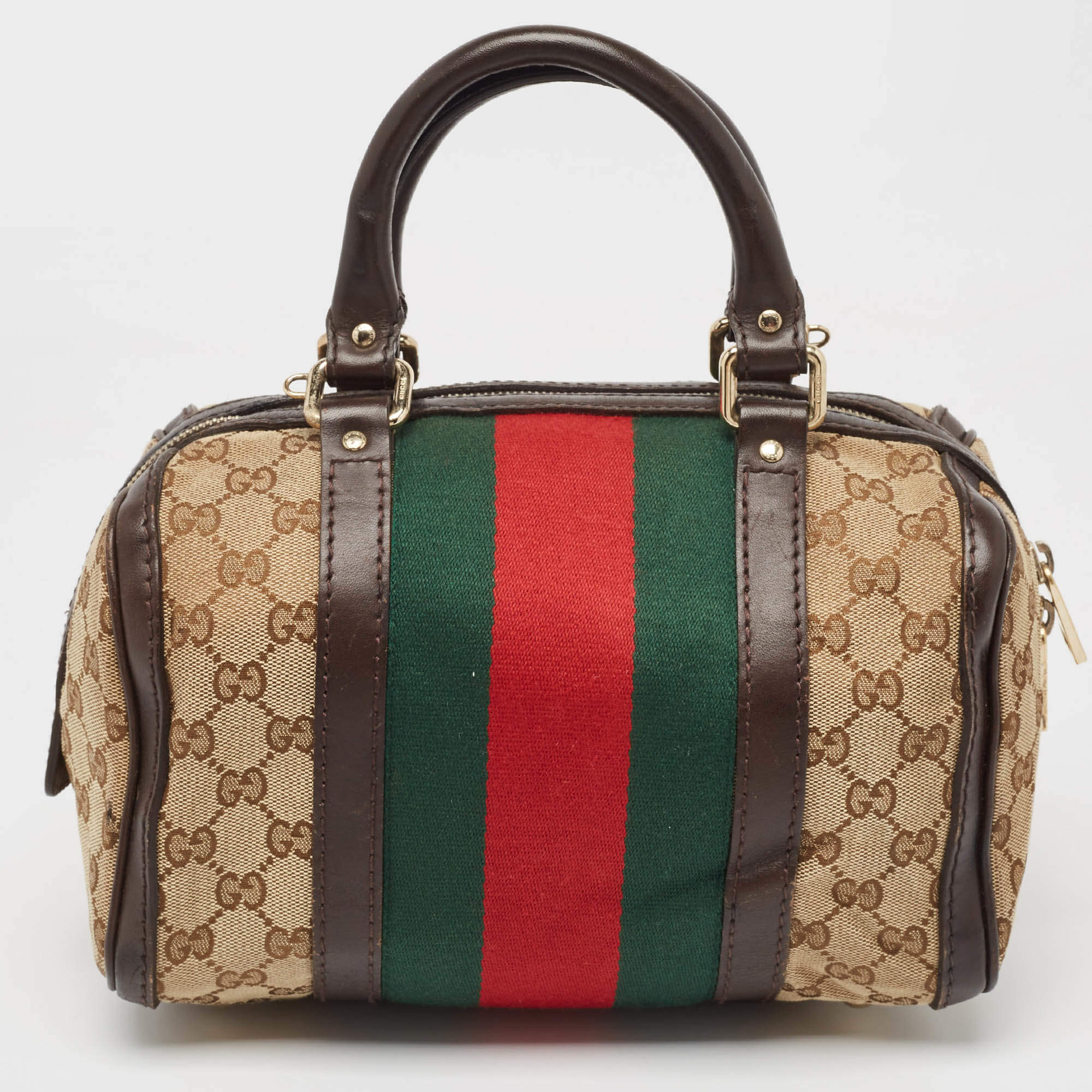 Pre Owned Gucci Brown/Beige GG Canvas and Leather Small Web Joy Boston Bag