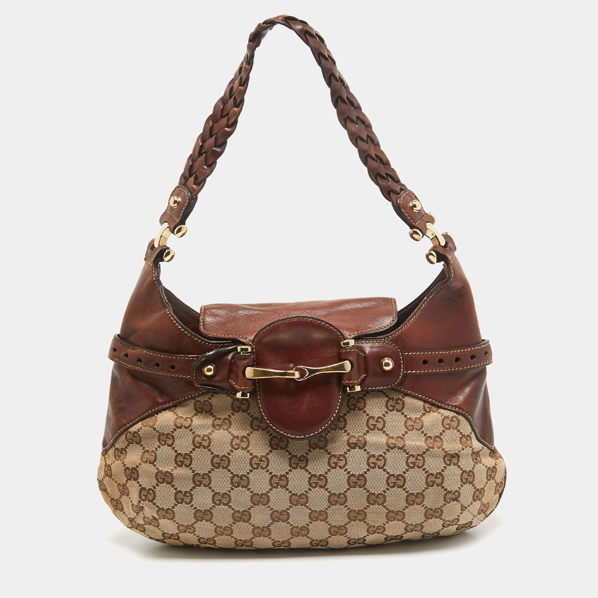 Pre Owned Gucci Brown/Beige GG Canvas and Leather Horsebit Flap Hobo