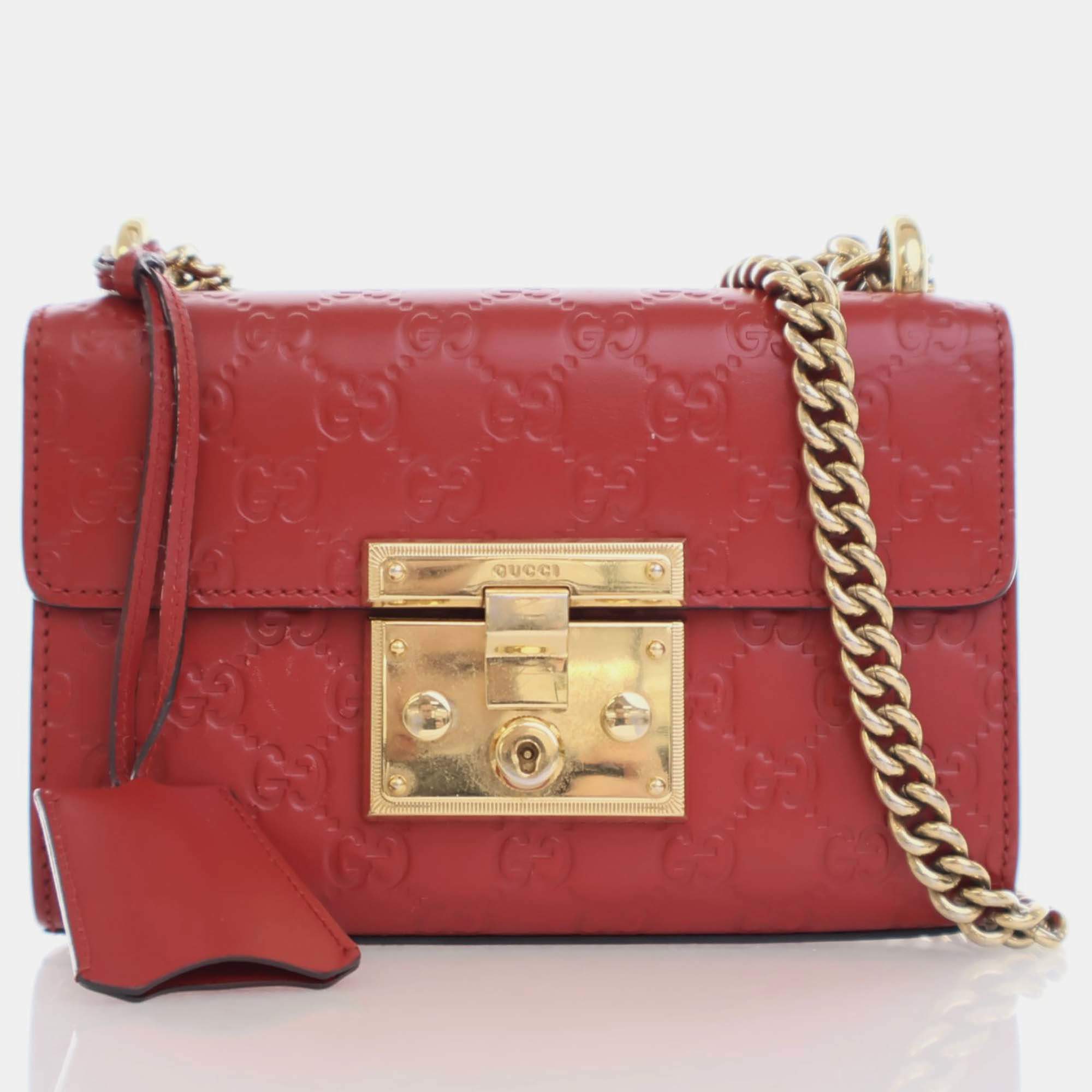 Gucci Red Leather Small Guccissima Padlock Shoulder Bag