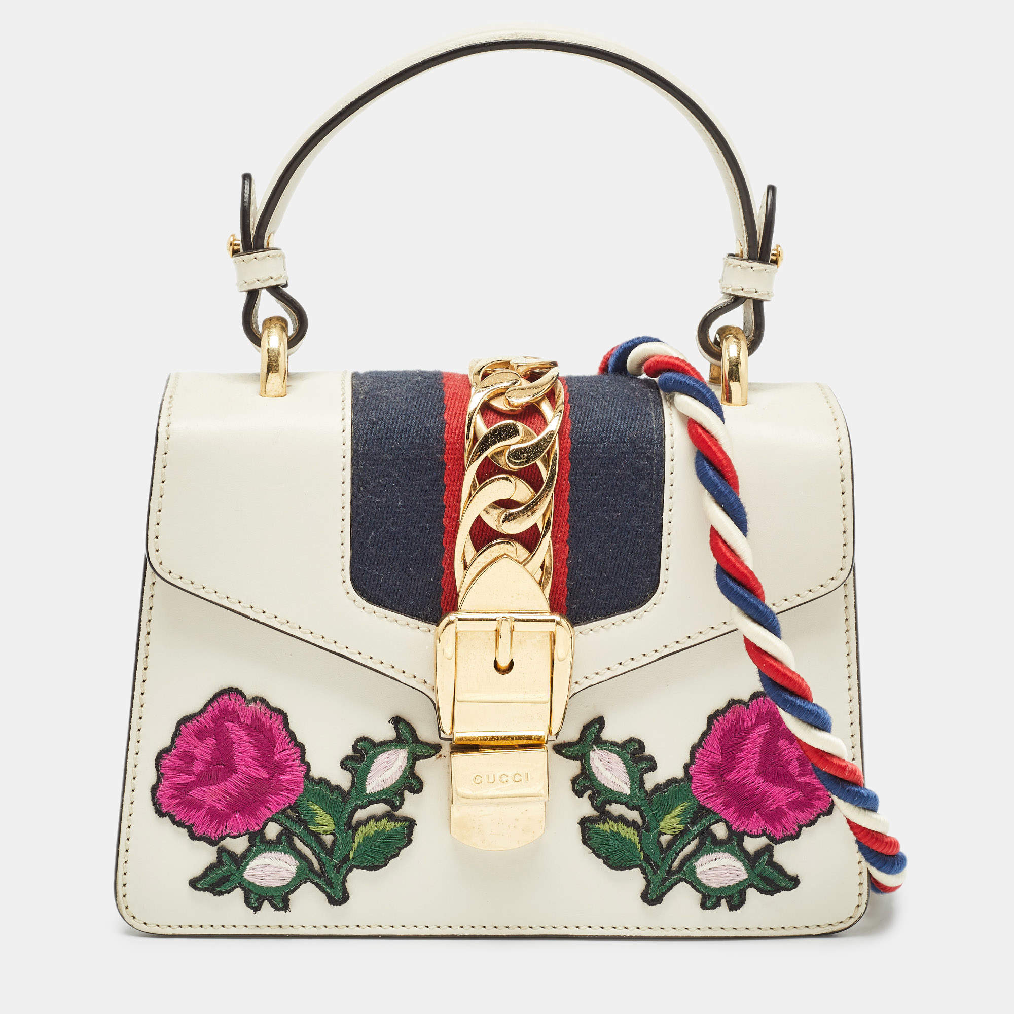 Pre Owned Gucci Off White Leather Mini Floral Patch Sylvie Top Handle Bag
