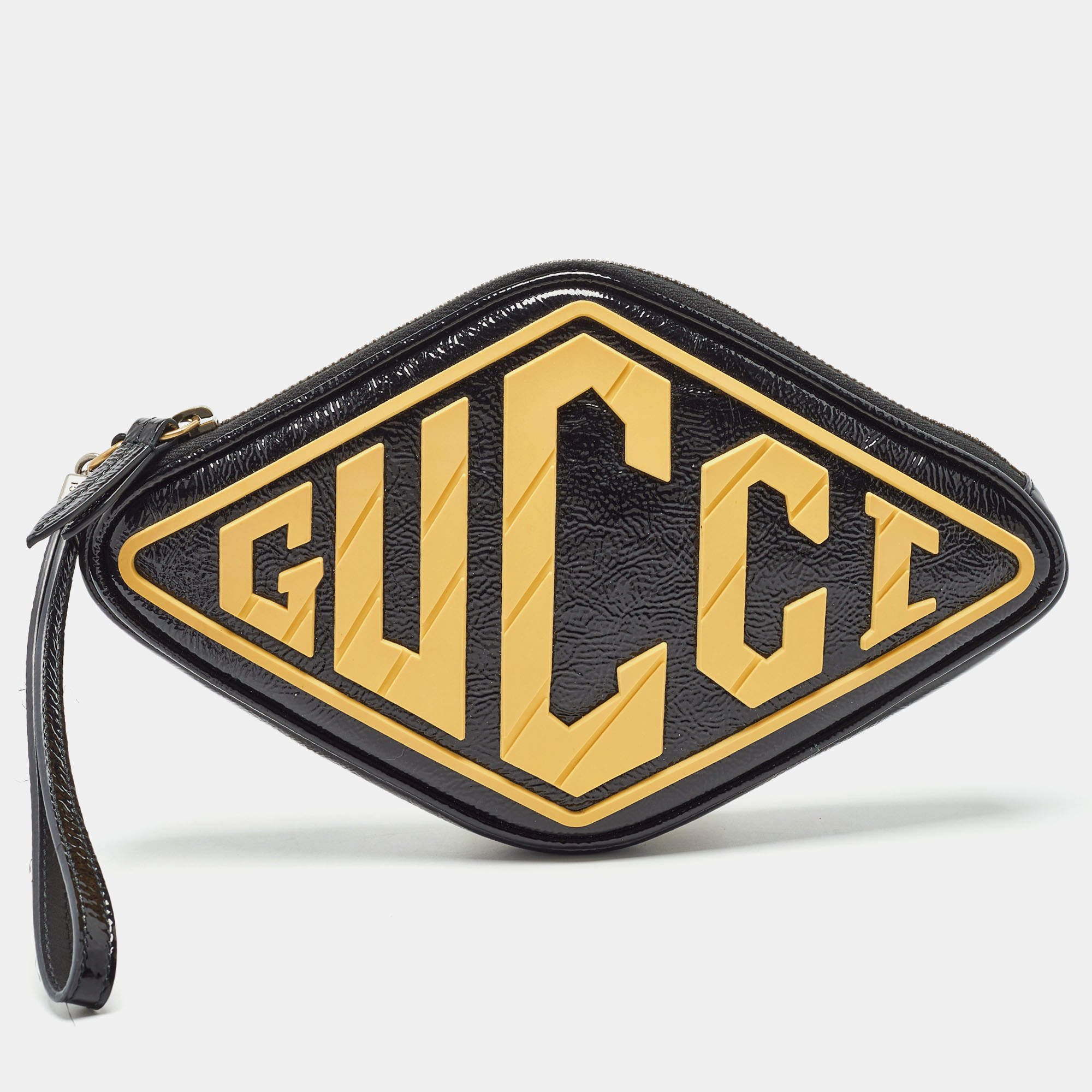 Pre Owned Gucci Black/Yellow Patent Leather and Rubber Game Patch Wristlet Clutch