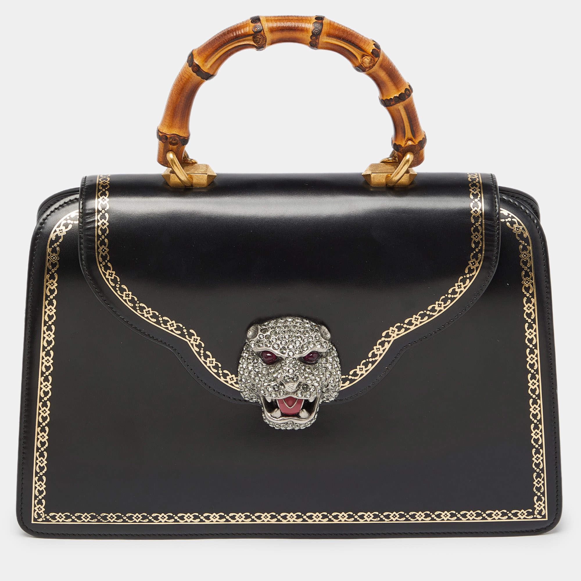Pre Owned Gucci Black Leather Medium Thiara Lisse Cornice Crystal Bamboo Top Handle Bag