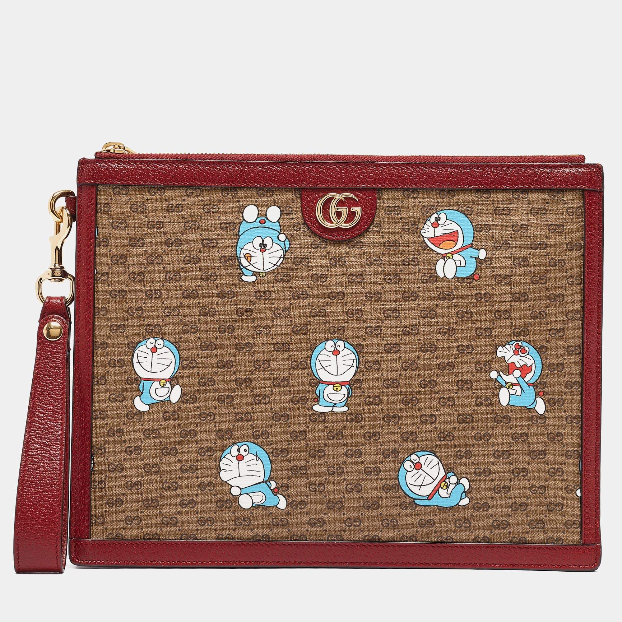 Pre Owned Gucci x Doraemon Red/Beige Mini GG Supreme and Doraemon Canvas Pouch