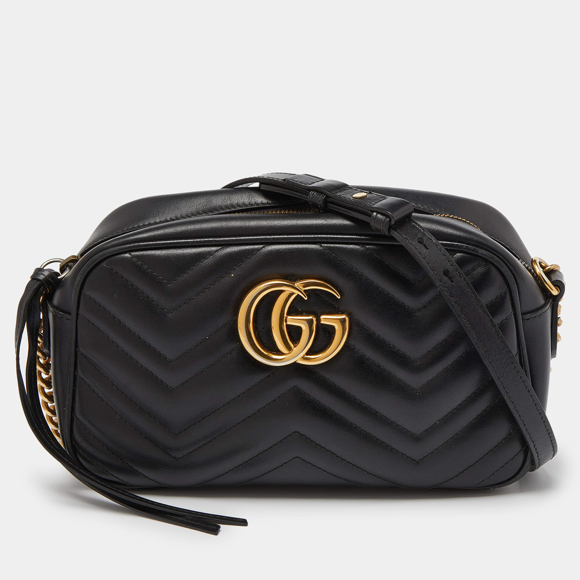 Pre Owned Gucci Black Matelassé Leather Small GG Marmont Shoulder Bag